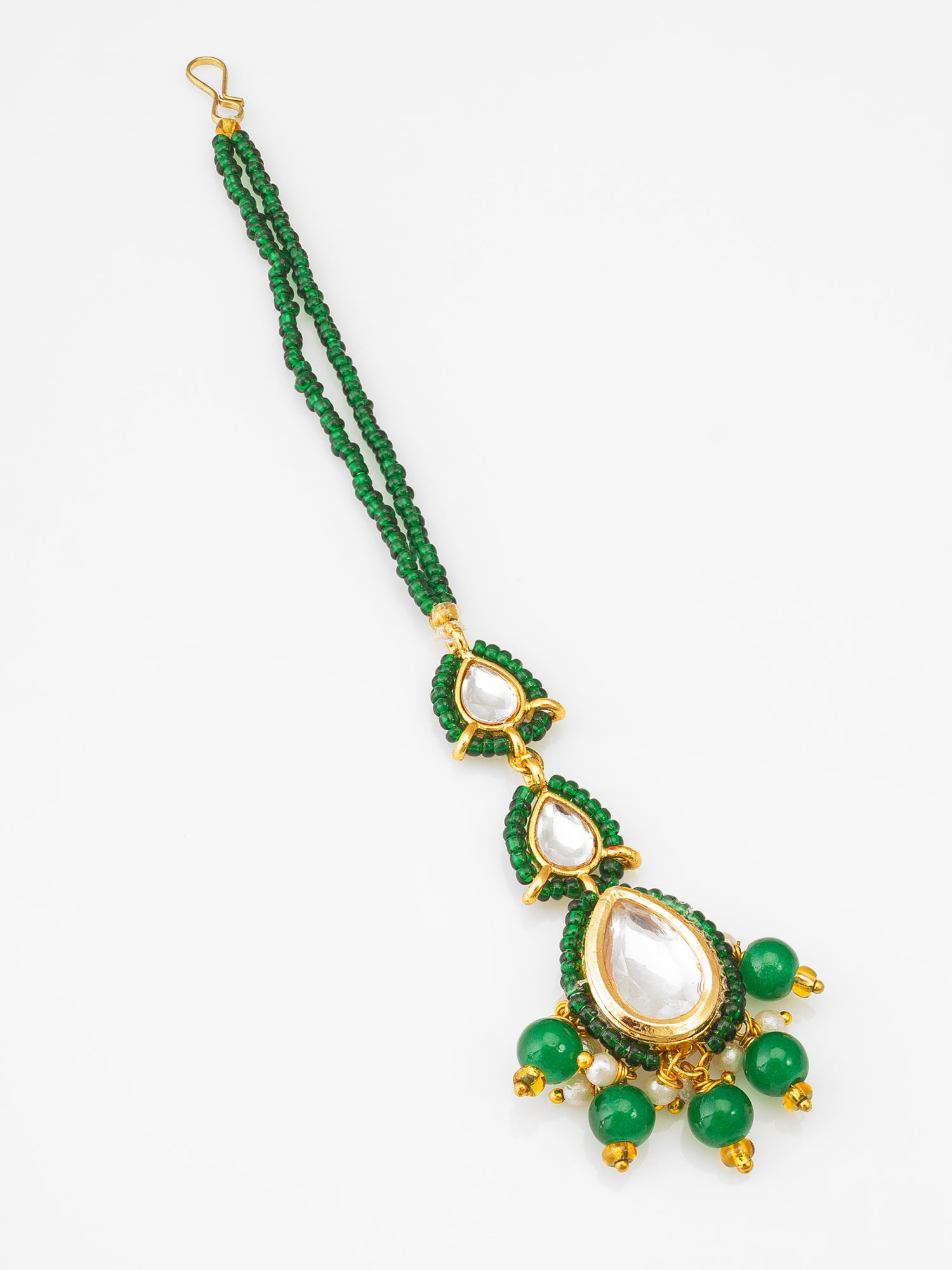 Gold Plated Green Beaded Kundan Maang Tikka | Aadita Jewelry