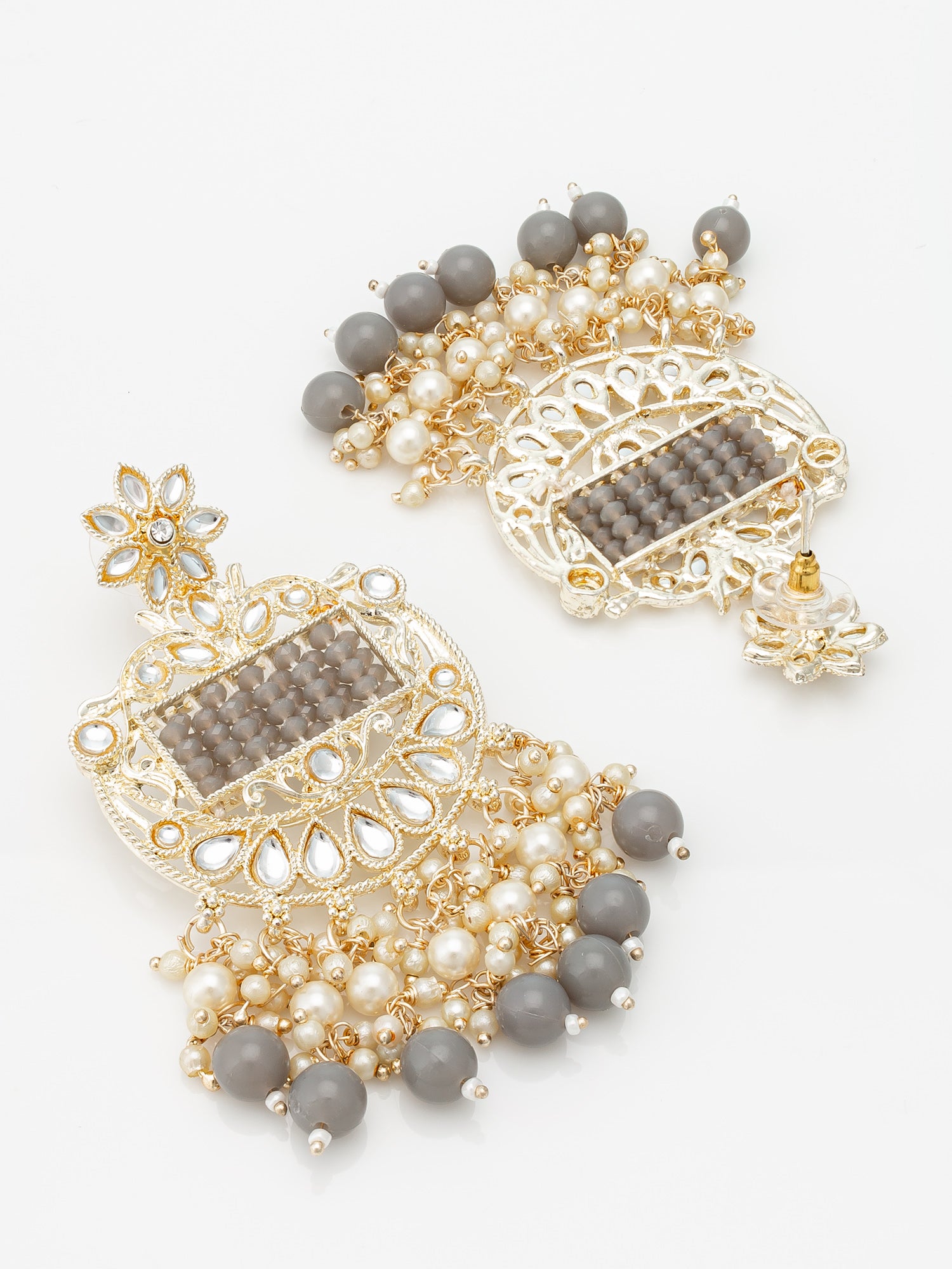 Aadita Gold Plated Grey Beaded Chandelier Earrings – View 3 | Aadita Jewelry