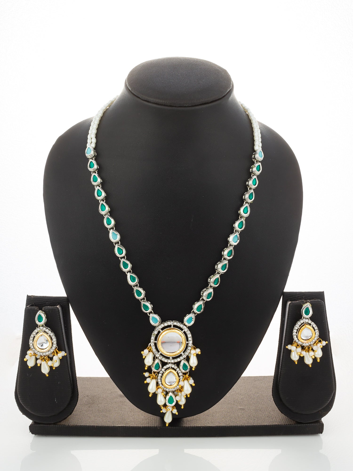 Aadita Silver-Plated Kundan Necklace Set with Green Stones and Pearl Drops – View 5 | Aadita Jewelry