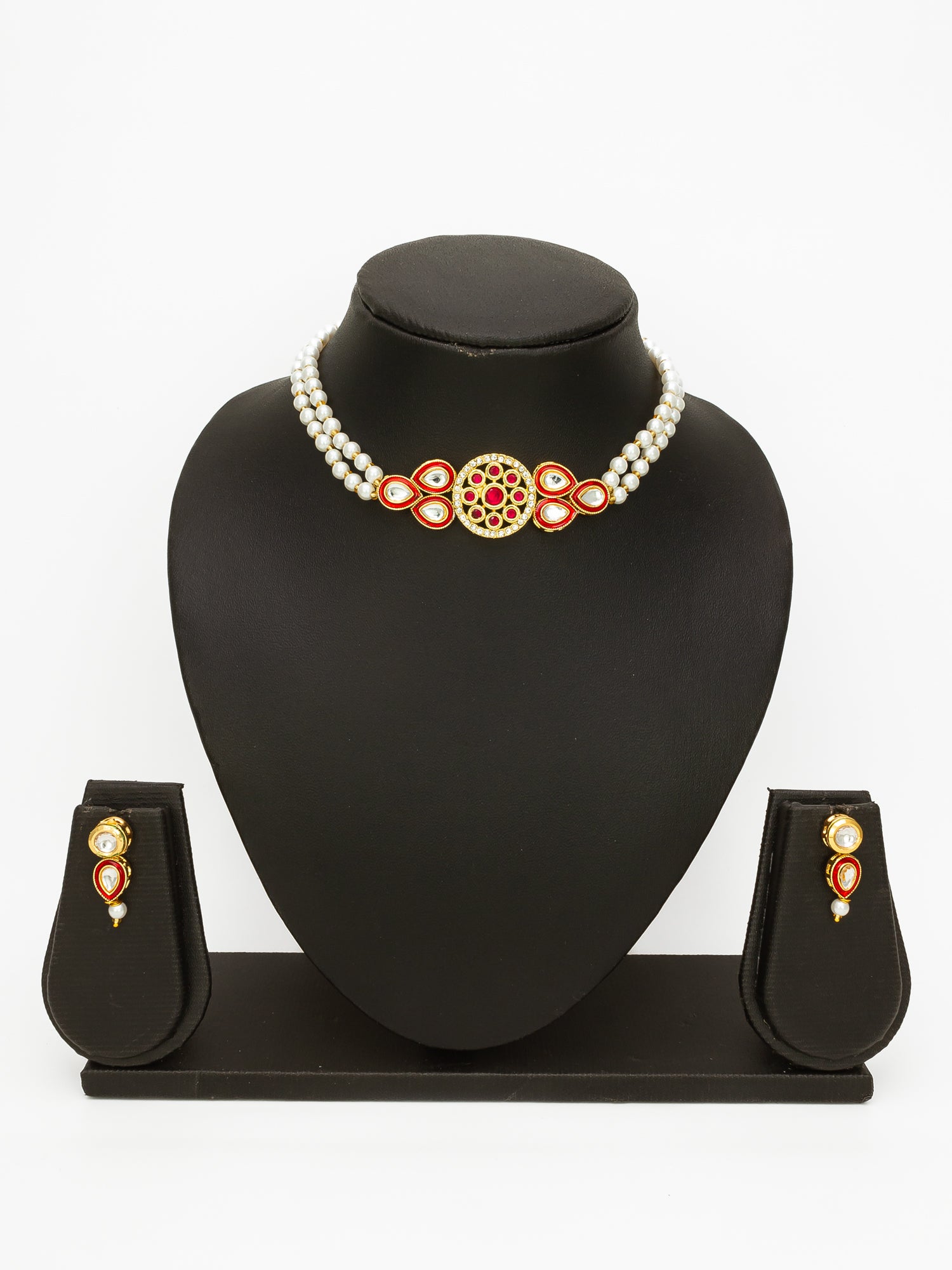 Gold Plated Red & White Pearl Beaded Kundan Necklace Set for Women – View 4 | Aadita Jewelry