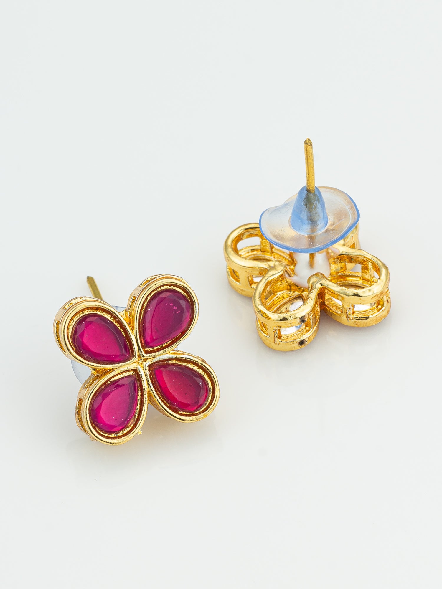 Elegant Gold Plated Pink Clover Stud Earrings – View 3 | Aadita Jewelry