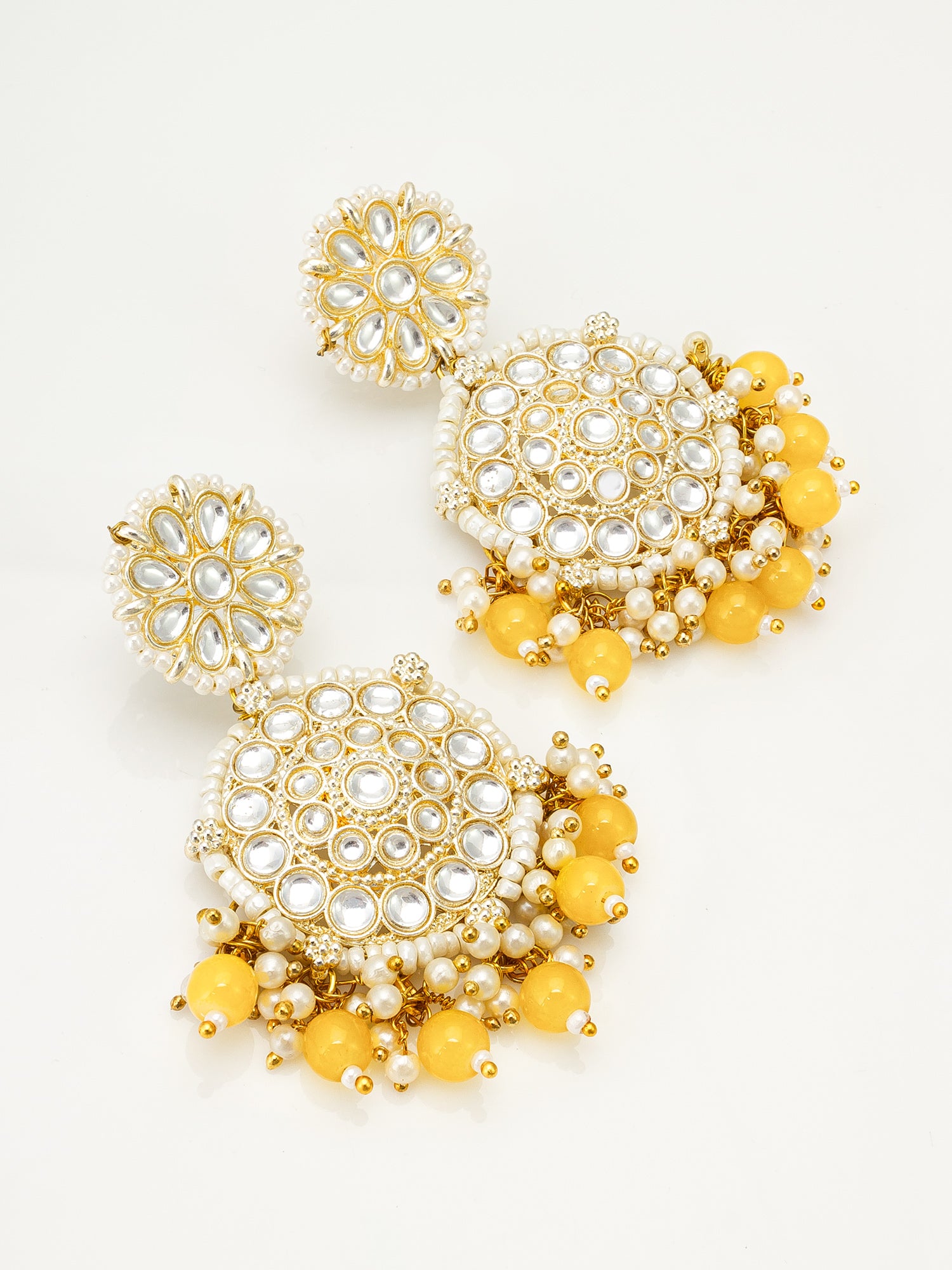 Kundan Round Chandbali Earrings with Yellow Beads and Pearl Cluster | Aadita Jewelry