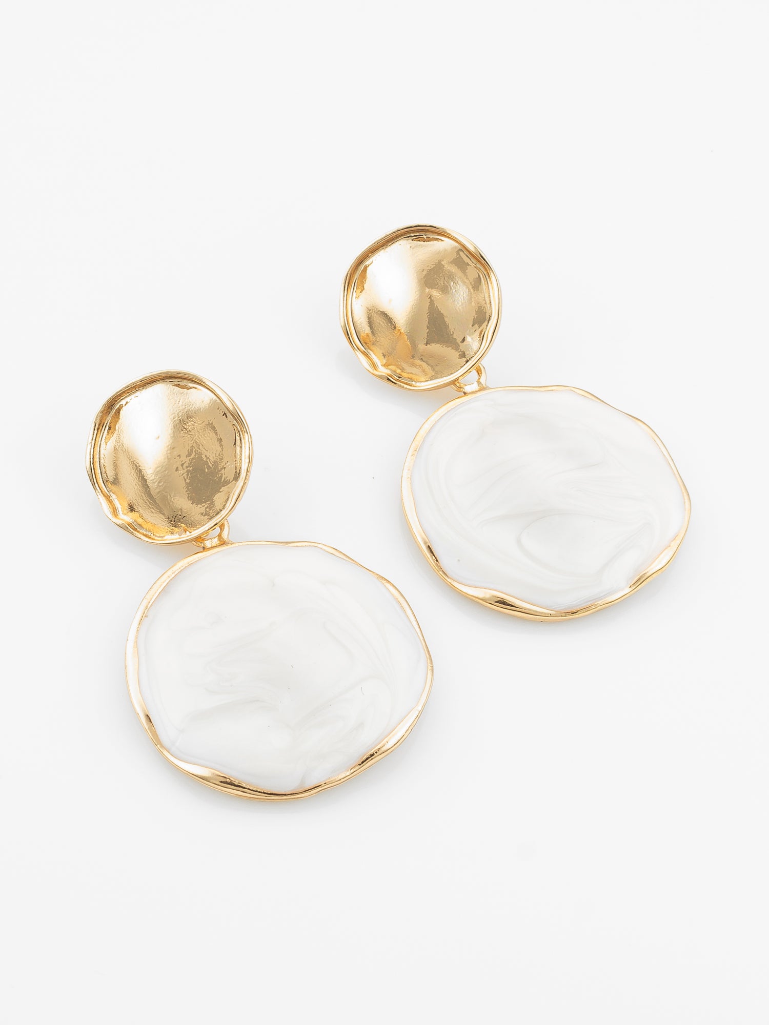 Textured Gold Plated Round Statement Earrings "“ White Marble Finish – View 2 | Aadita Jewelry