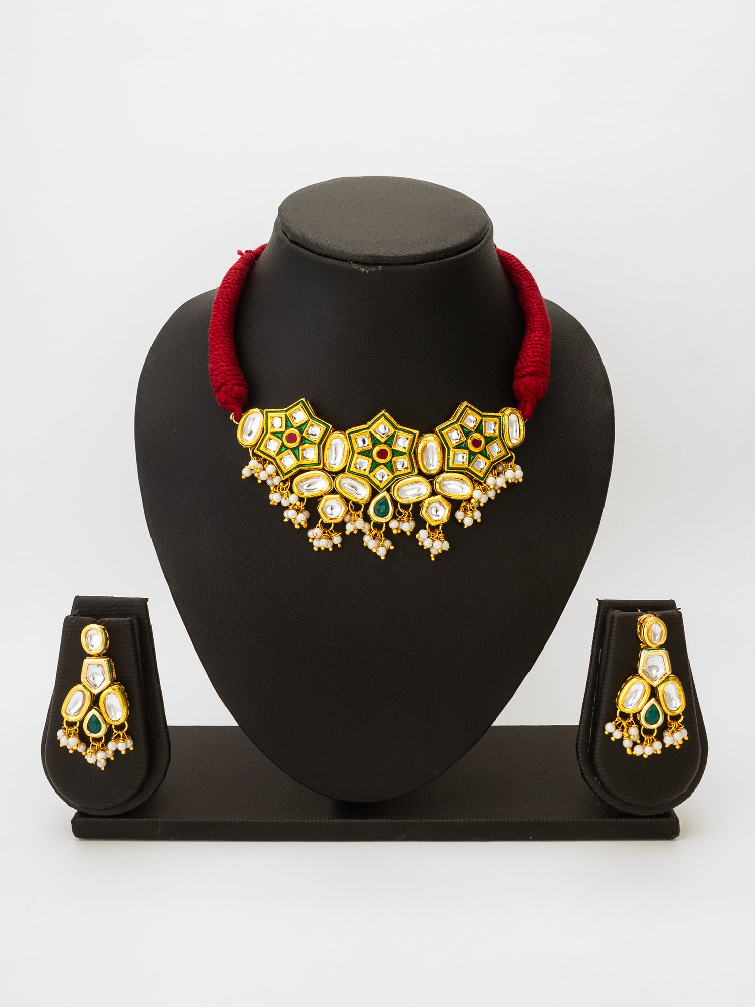 Kundan Choker Necklace Set with Meenakari, Pearl Drops – View 4 | Aadita Jewelry