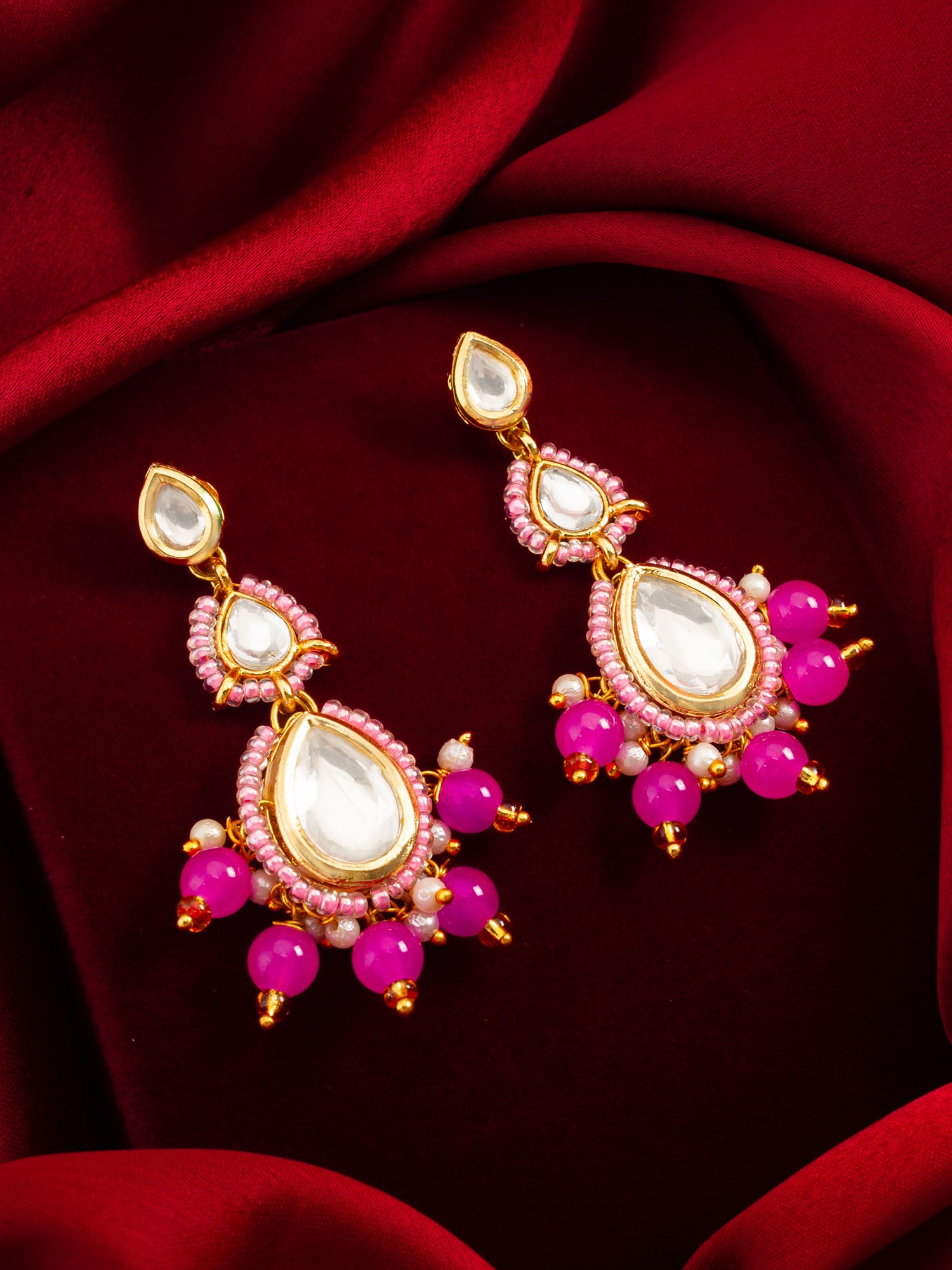 Pink Kundan Drop Earrings with Beads and Pearl – View 4 | Aadita Jewelry