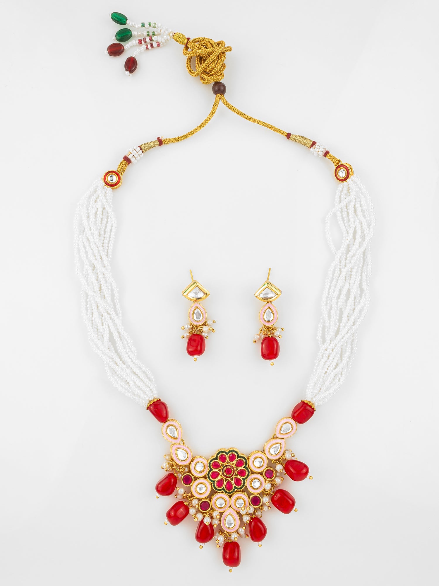 Gold Plated Red & White Kundan Beaded Necklace Set for Women | Aadita Jewelry