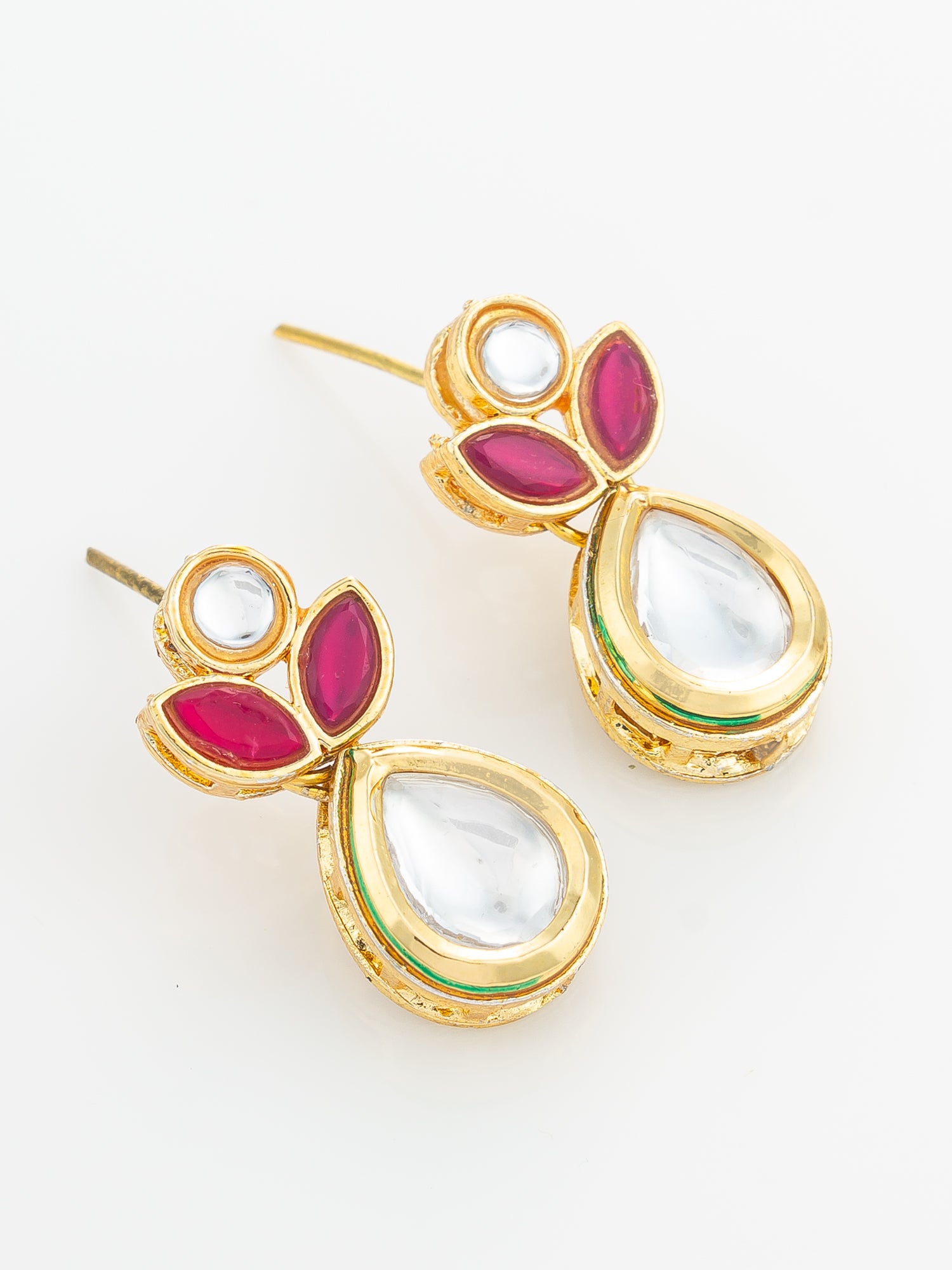 Gold Plated Floral Motif Ruby and White Stone Drop Earrings – View 2 | Aadita Jewelry