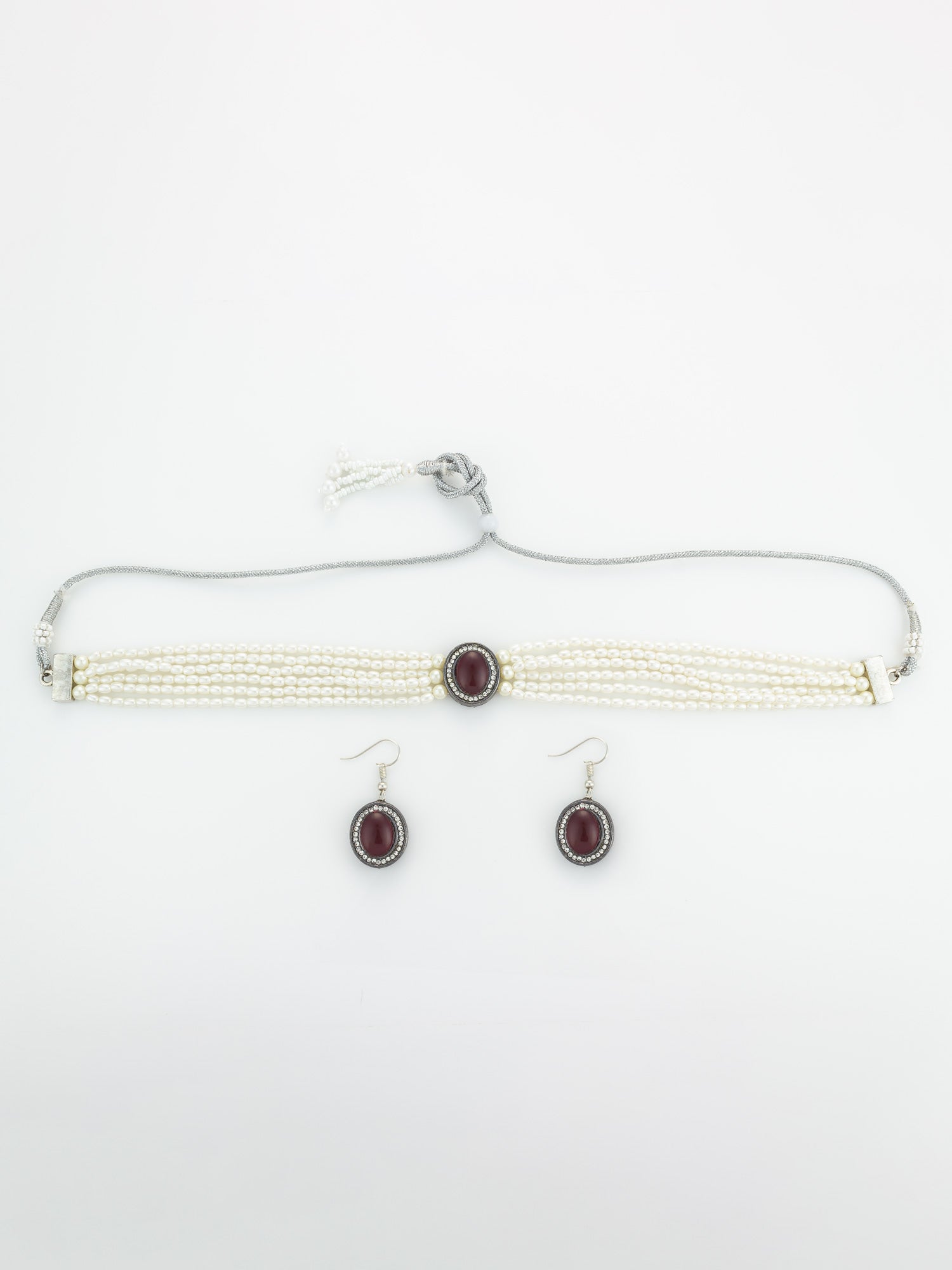 Silver Plated Pearl Choker Set with Maroon Stone | Aadita Jewelry