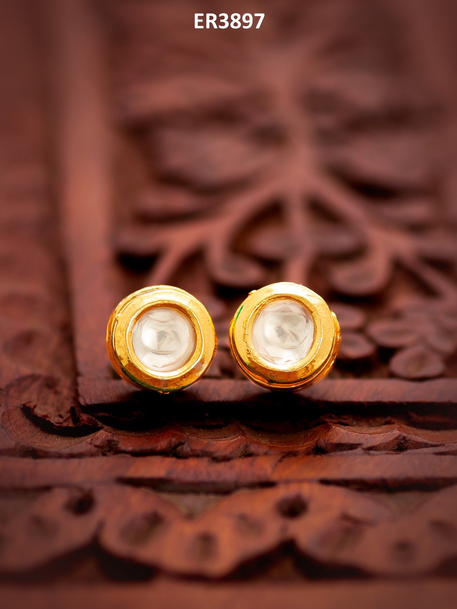 Gold Plated White Round Stud Earrings with Kundan Stones – View 5 | Aadita Jewelry