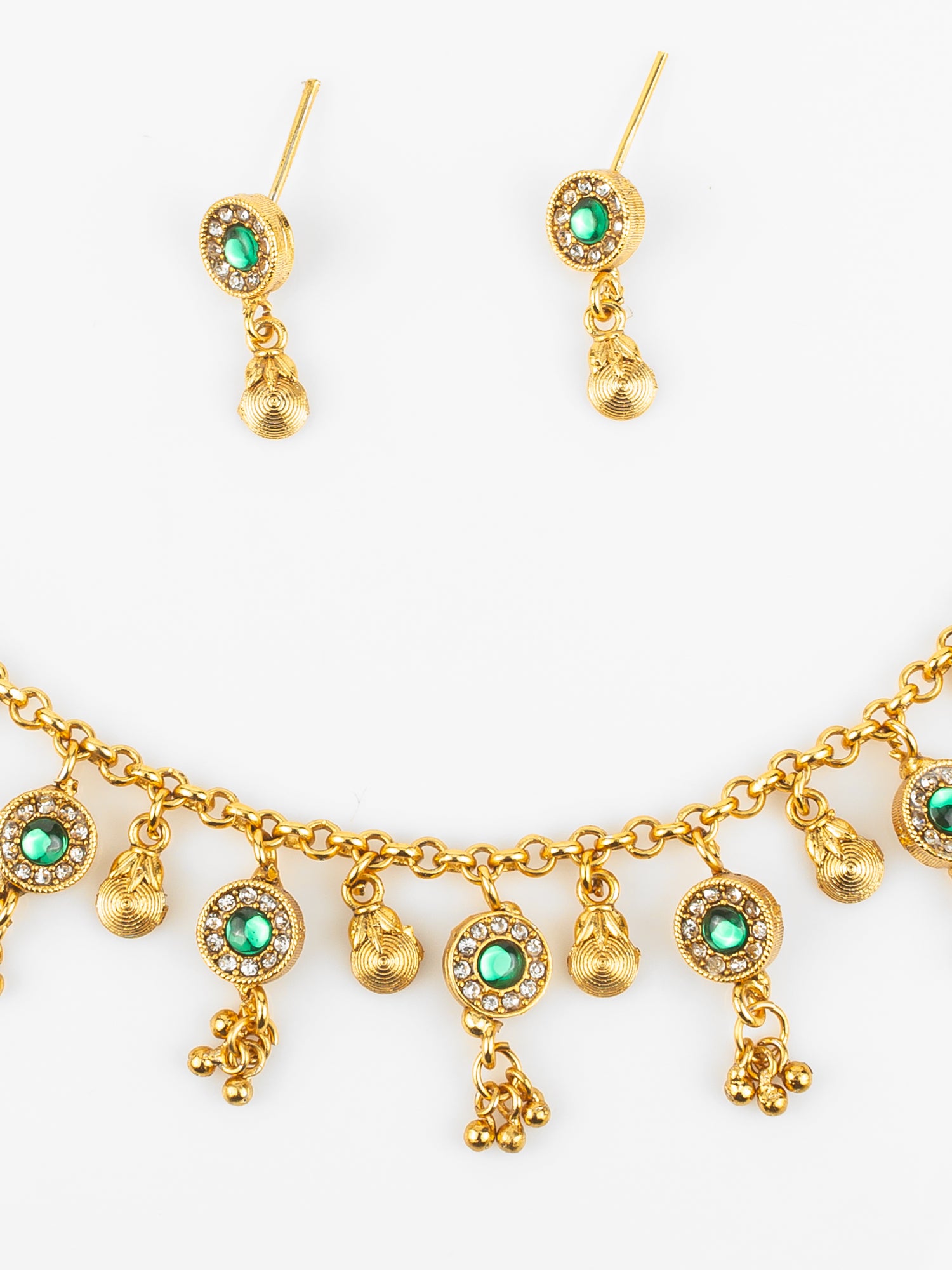 Traditional Gold-Plated Green Stone Necklace Set for Women | Ethnic Temple Jewelry with Earrings | Festive & Wedding Wear – View 4 | Aadita Jewelry