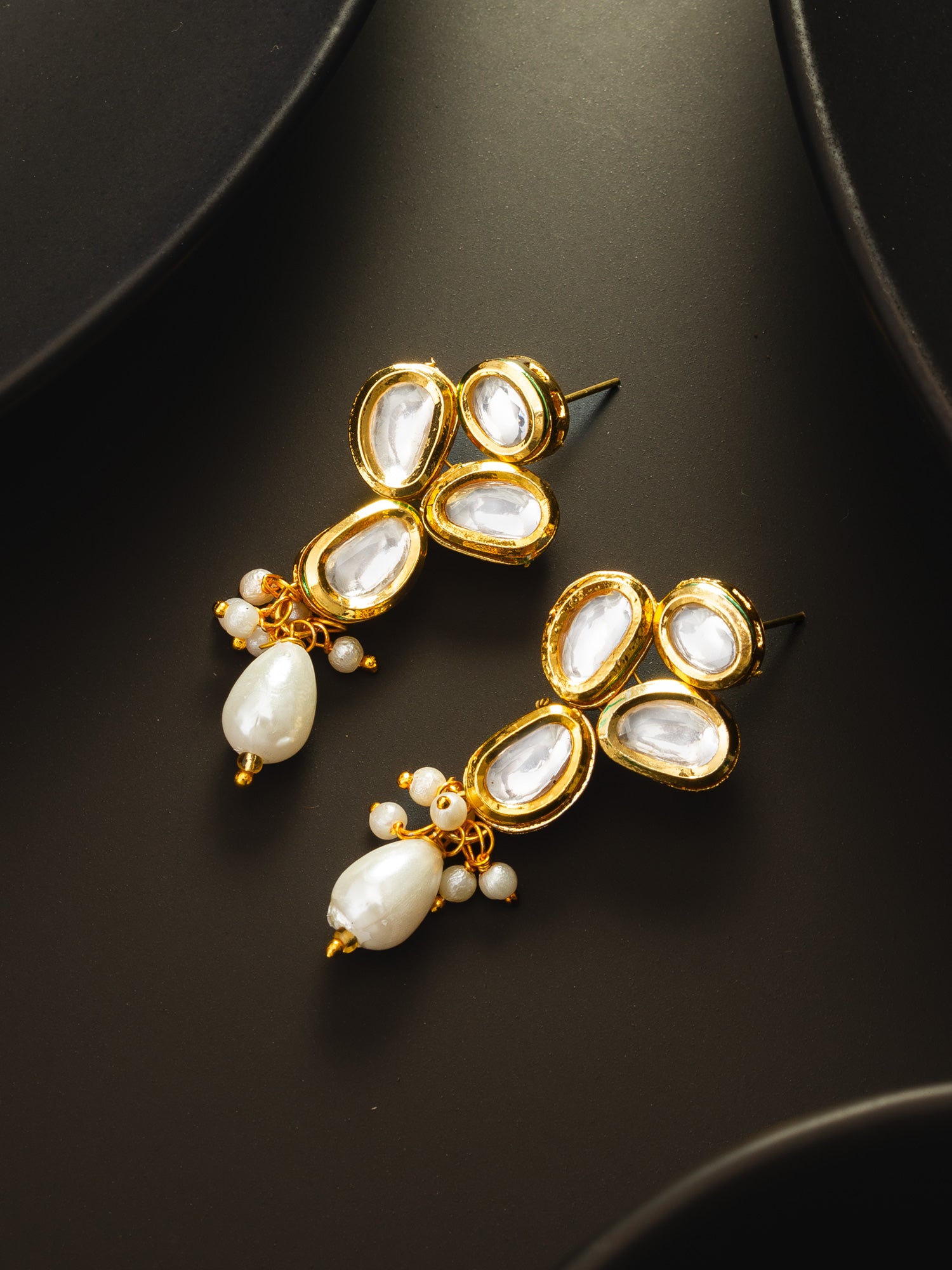 Classic Gold-Plated Oval Kundan Earrings with Oversized Pearl Drops – View 4 | Aadita Jewelry