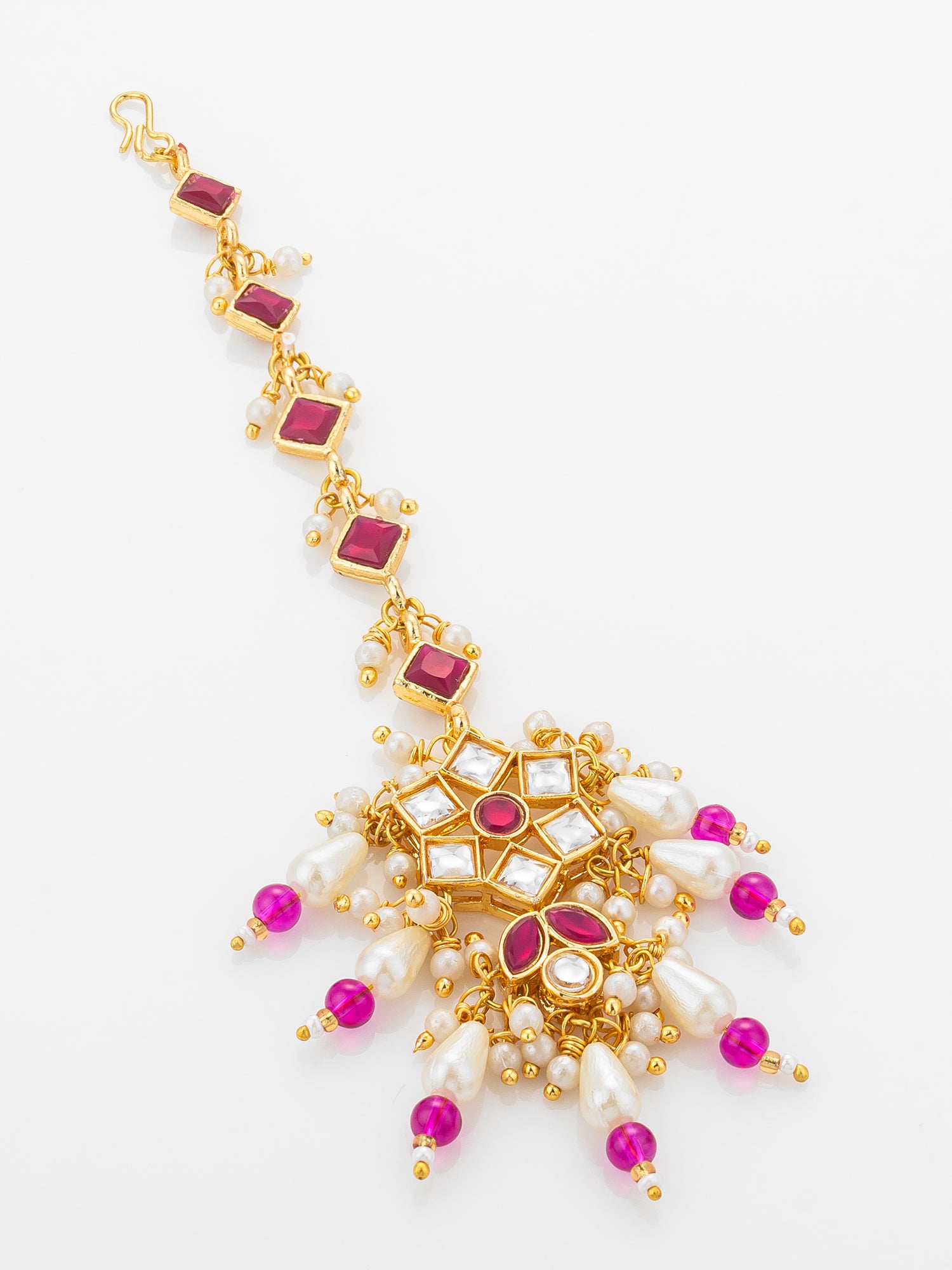 Aadita Gold Plated Diamond-Cut Ruby Stone Chain Mangtika with Kundan Star Pendant and Pearl Drops – View 2 | Aadita Jewelry