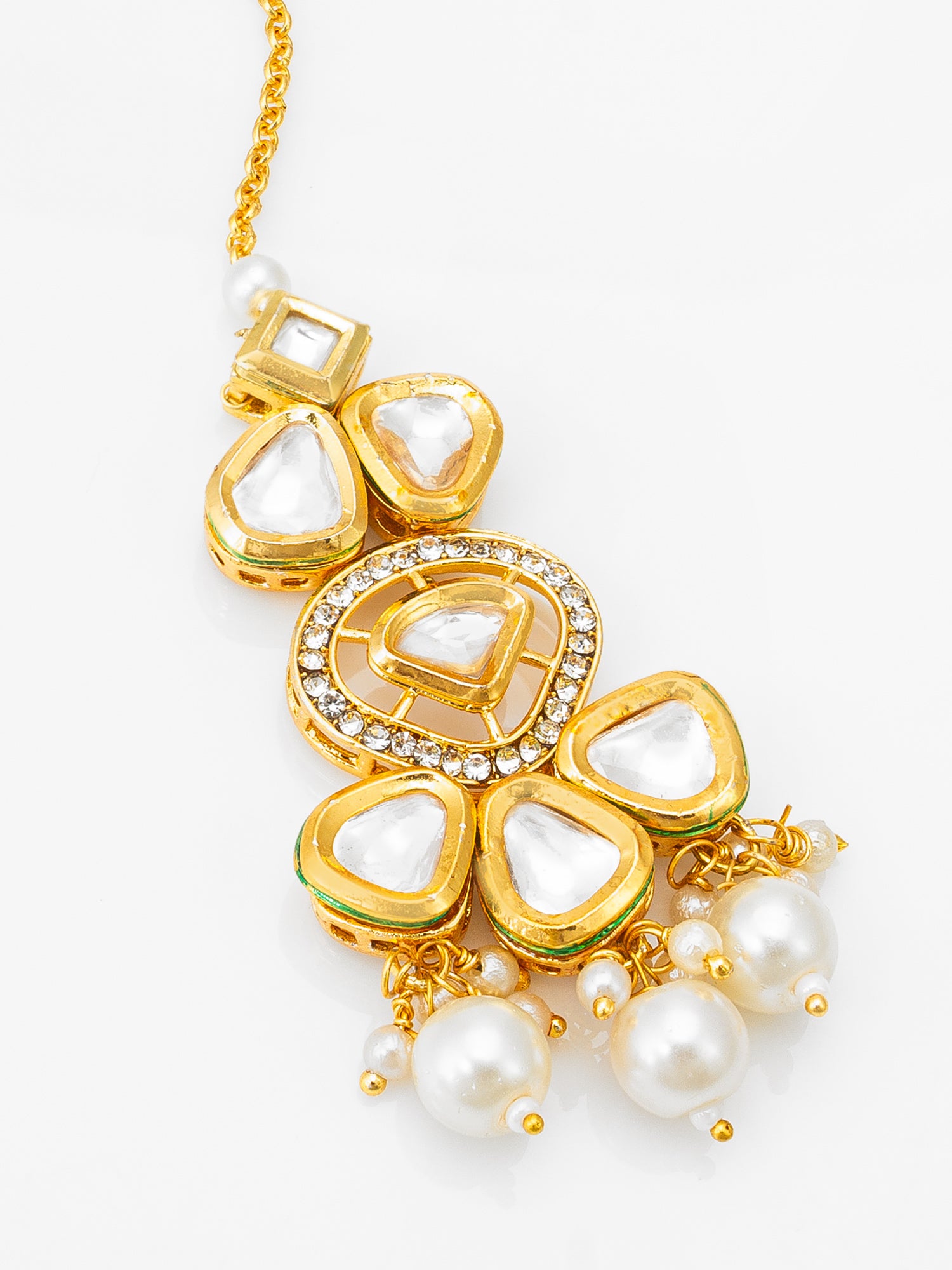 Gold-Plated Polki Kundan Maang Tikka with Pearl Drop – View 3 | Aadita Jewelry