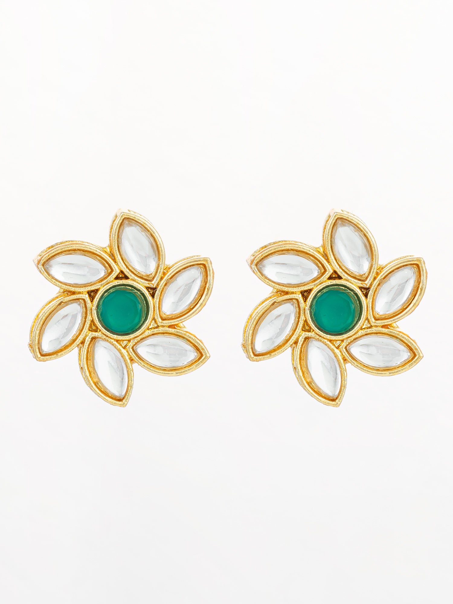 Traditional Gold Plated White and Green Kundan Floral Studs | Aadita Jewelry