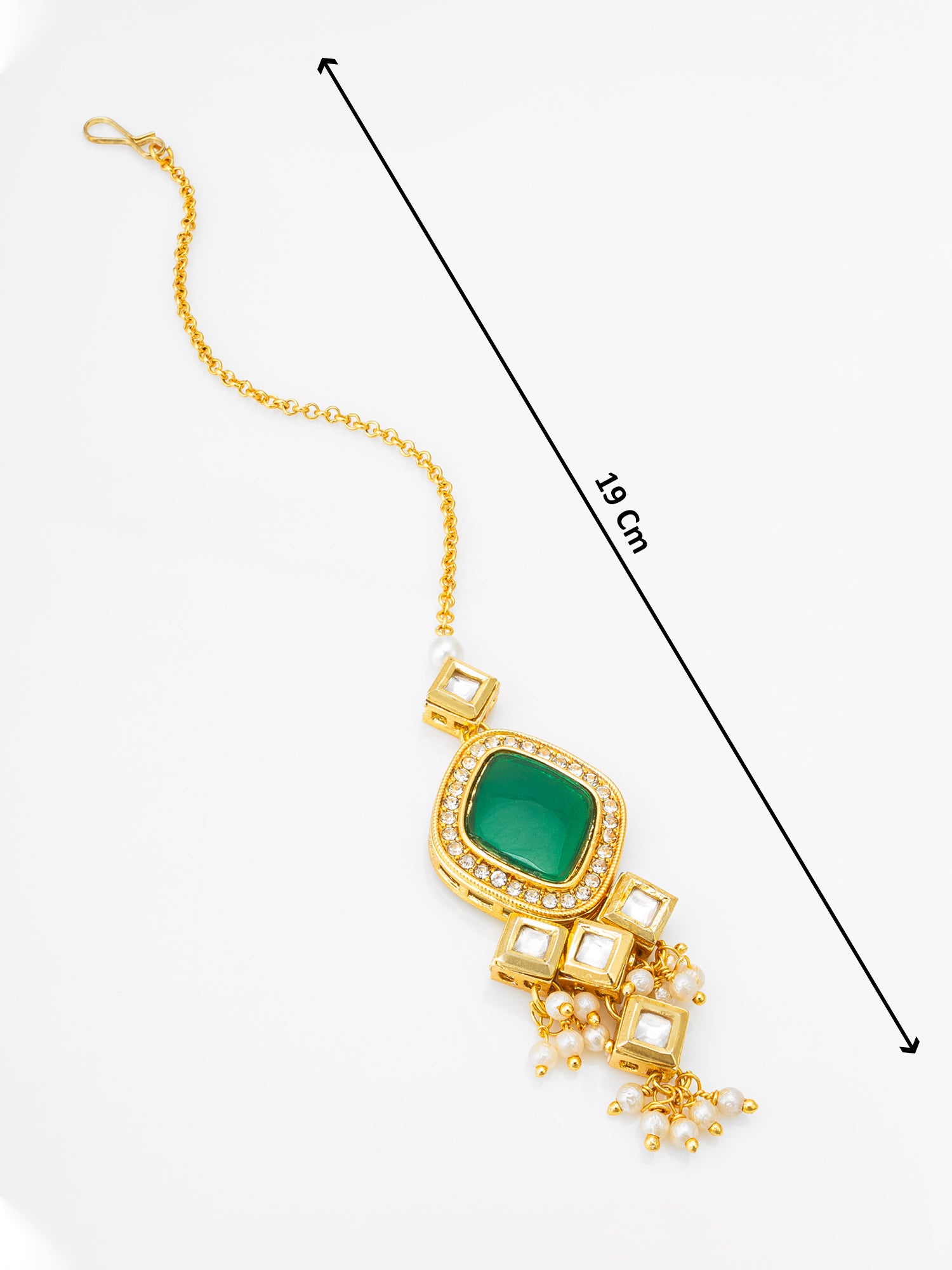 Gold-Plated Emerald Green Kundan Maang Tikka with Crystal and Pearl Drops – View 4 | Aadita Jewelry