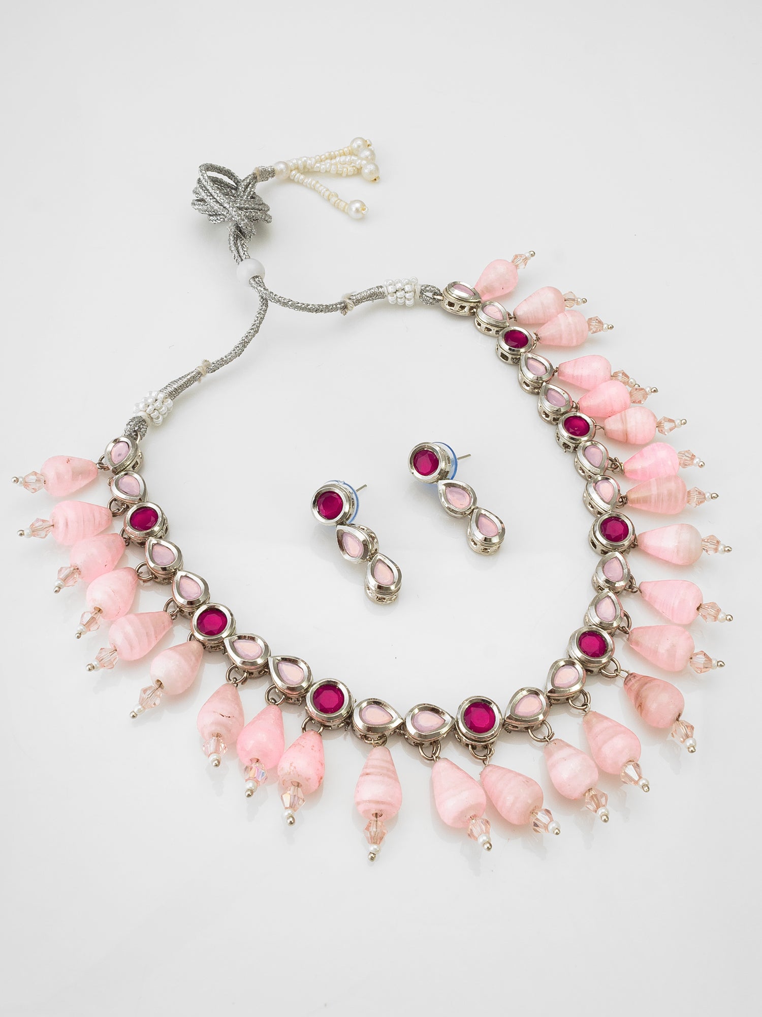 Silver-Tone Pink Kundan Necklace Set with Shell Pearl Drops and Crystal | Aadita Jewelry