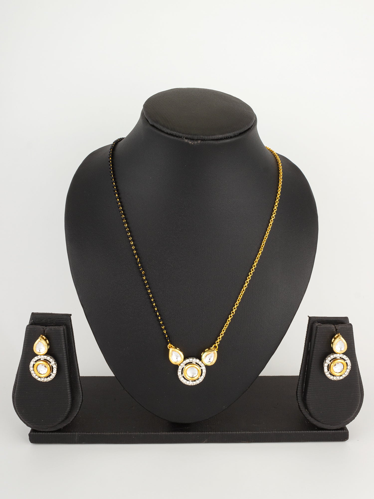 Two-Tone Kundan Mangalsutra Set with Polki and Silver-Tone Crystal Earrings – View 5 | Aadita Jewelry