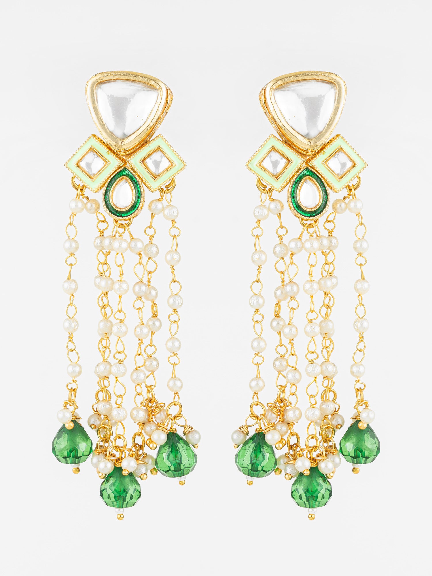 Gold Plated Kundan and Pearl Green Drop Traditional Long Dangler Earrings for Women | Aadita Jewelry