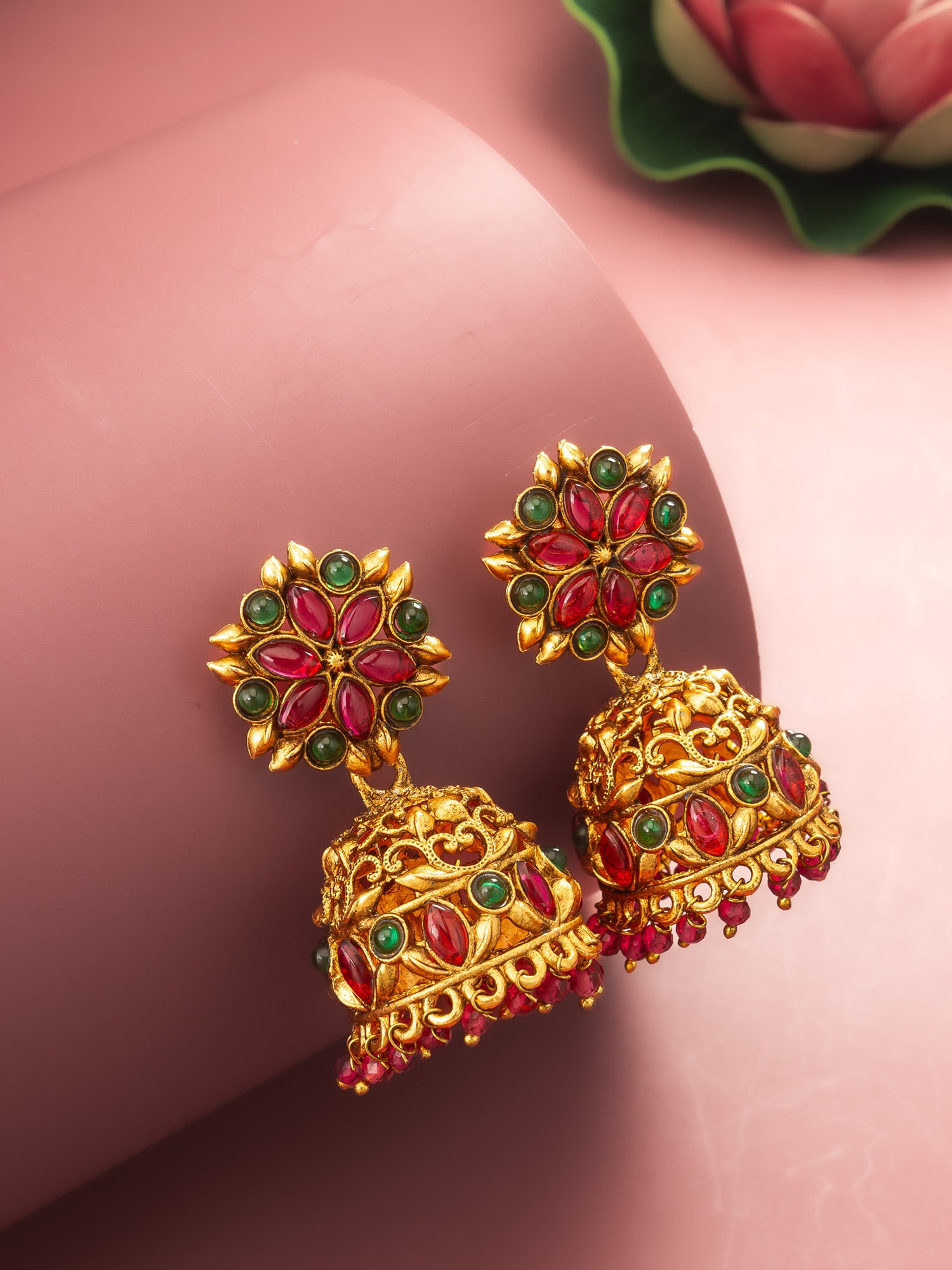 Aadita Traditional Gold-Tone Kundan Jhumka Earrings with Pink and Green Stones – View 5 | Aadita Jewelry