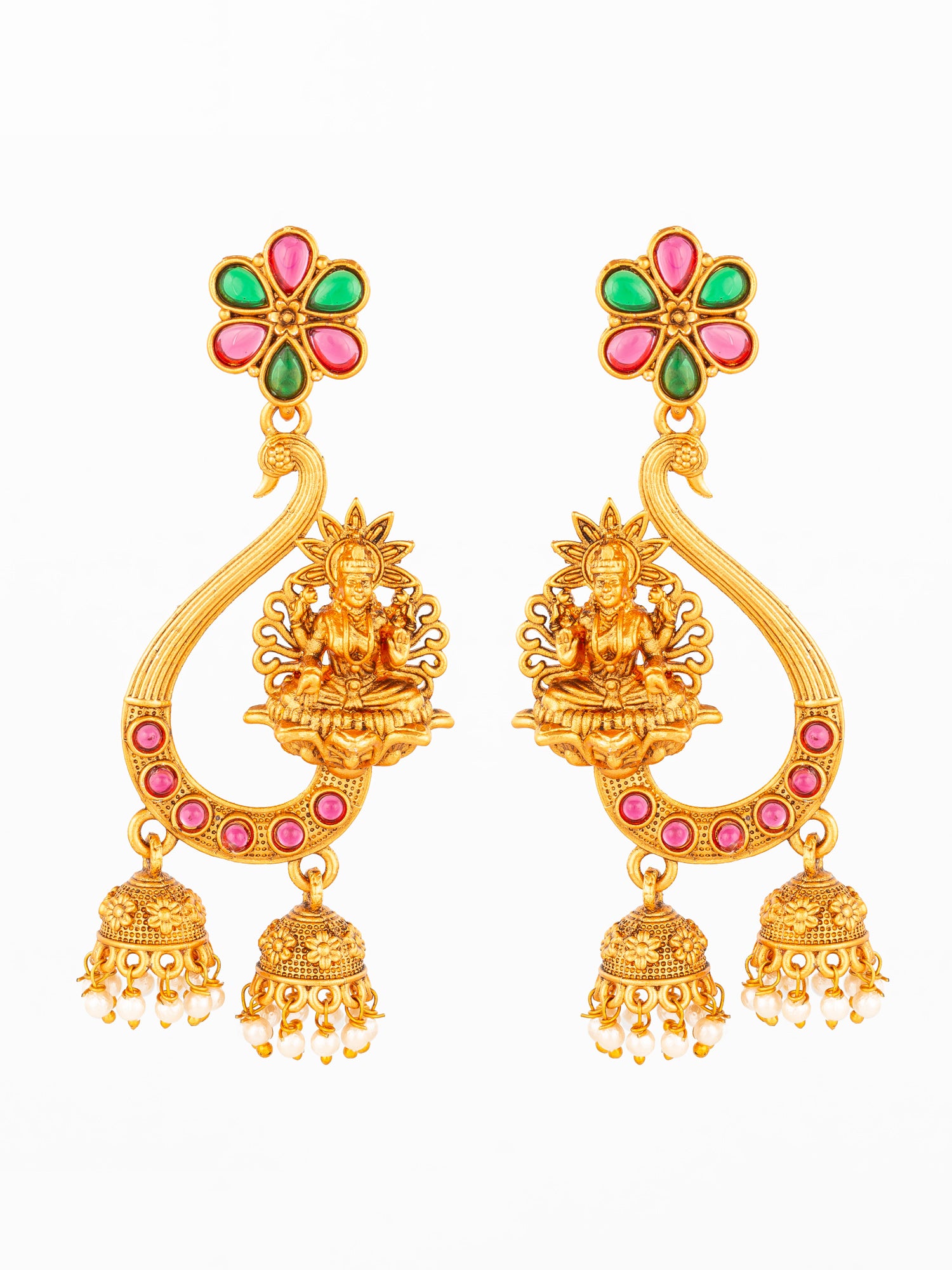Aadita Temple Lakshmi Chandbali Jhumka Earrings with Stones | Aadita Jewelry