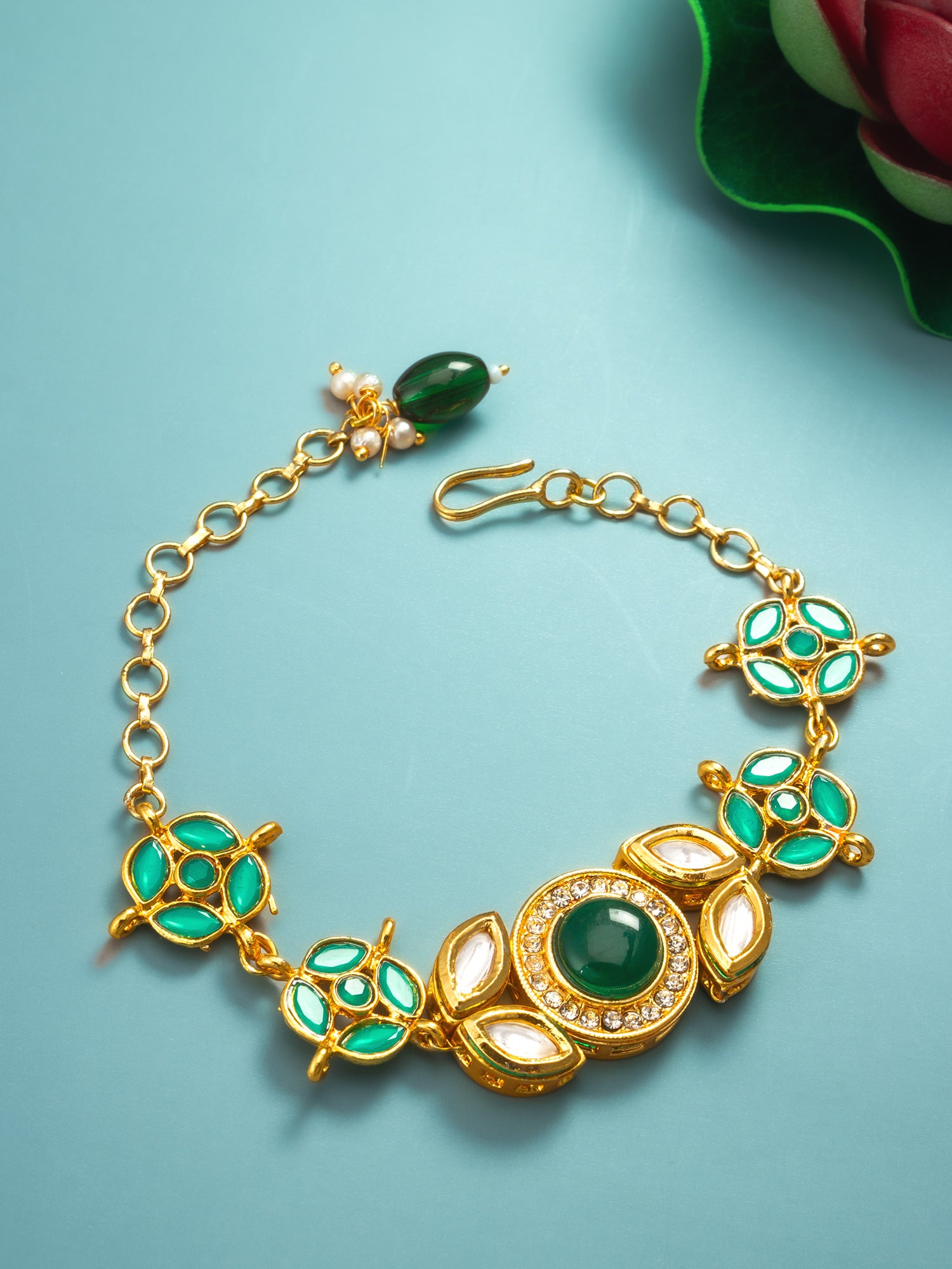 Gold-Plated Emerald Green Kundan Bracelet with Pearl Drop – View 5 | Aadita Jewelry
