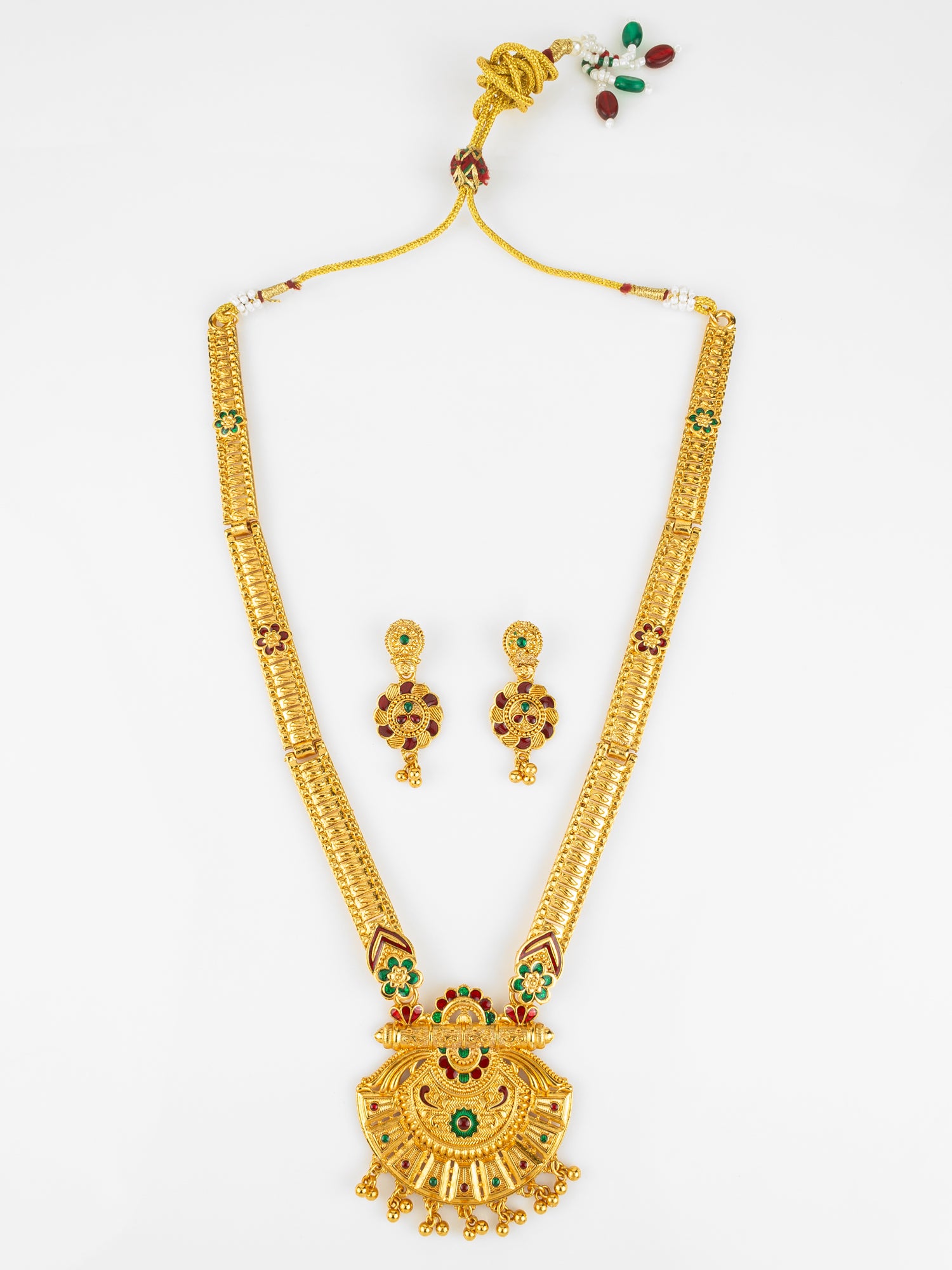 Gold Plated Traditional South Indian Long Necklace Set with Kemp Stones for Women | Aadita Jewelry