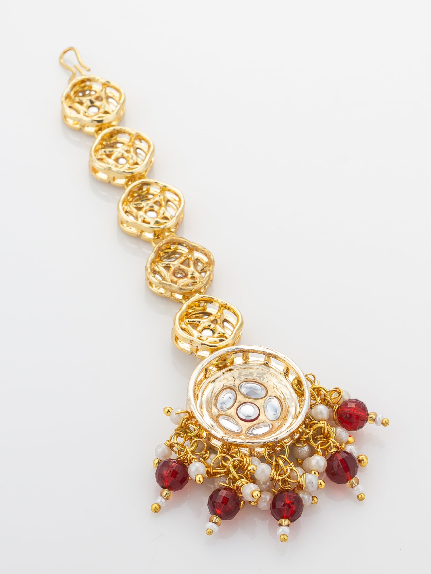 Aadita Gold Plated Linked Kundan Medallion Chain Mangtika with Circular Meenakari Pendant and Garnet Bead Fringe – View 4 | Aadita Jewelry