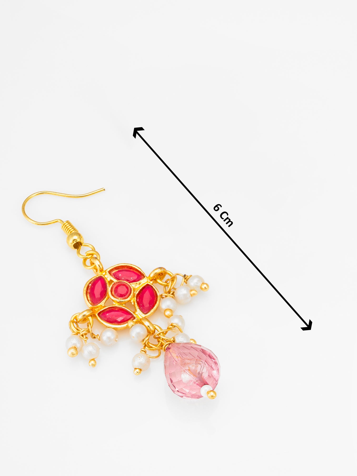 Gold-Toned Floral Earrings with Pearl Dangles and Pink Crystal Drop – View 3 | Aadita Jewelry