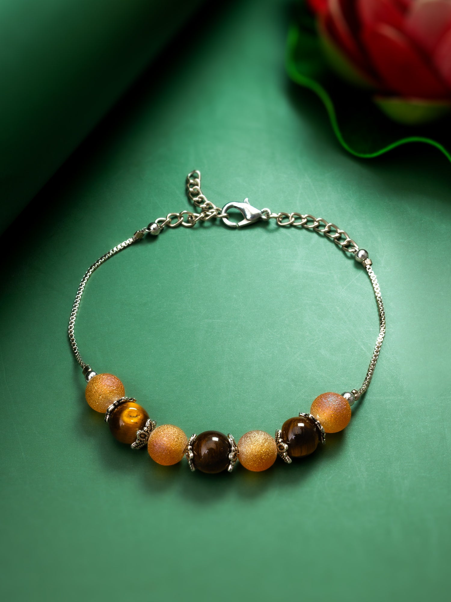Peach Frosted Bead Bracelet with Silver Box Chain – View 3 | Aadita Jewelry