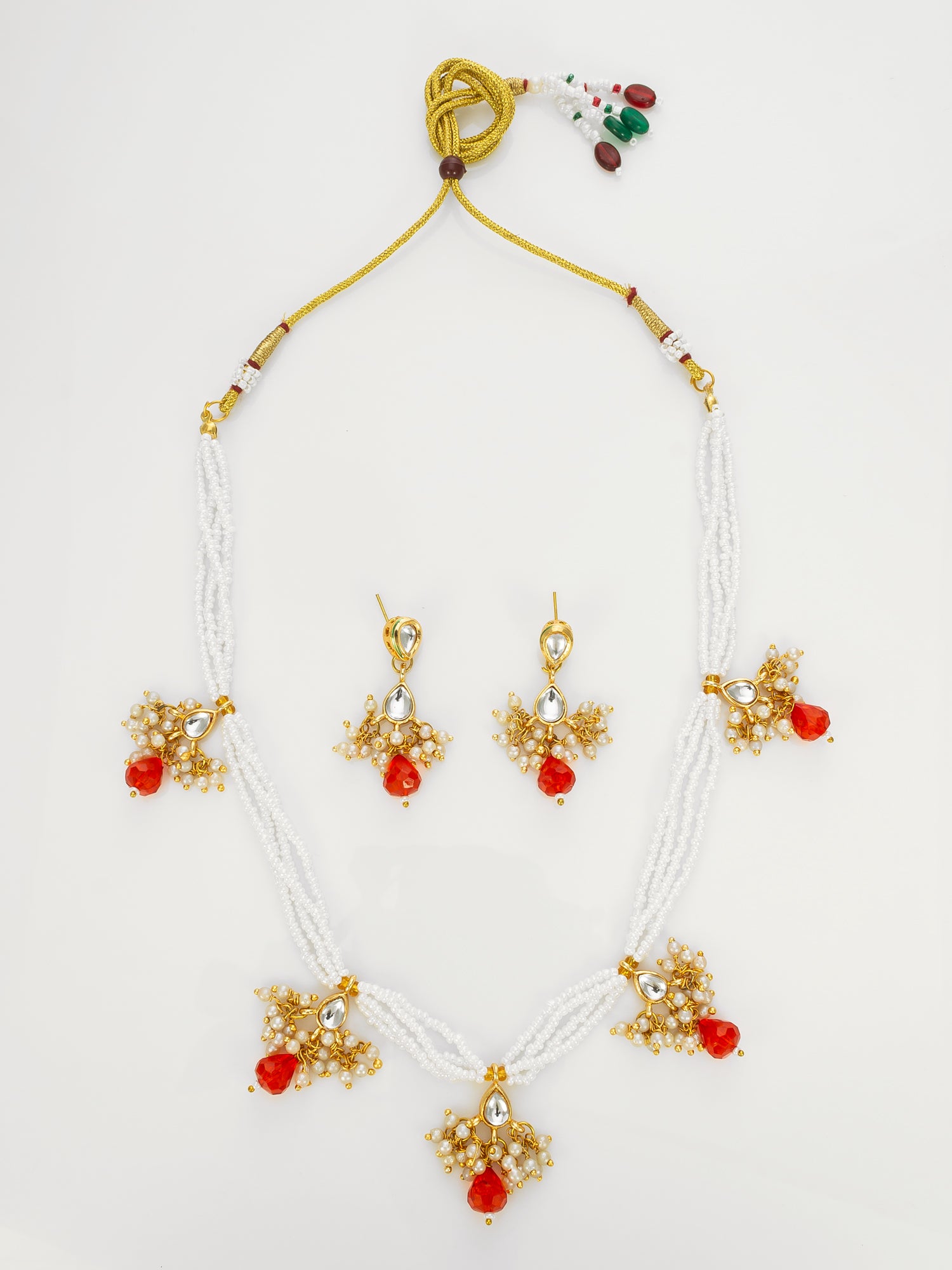 Gold Plated Multistrand Beaded Necklace Set with Kundan and Red Drop Stones | Aadita Jewelry