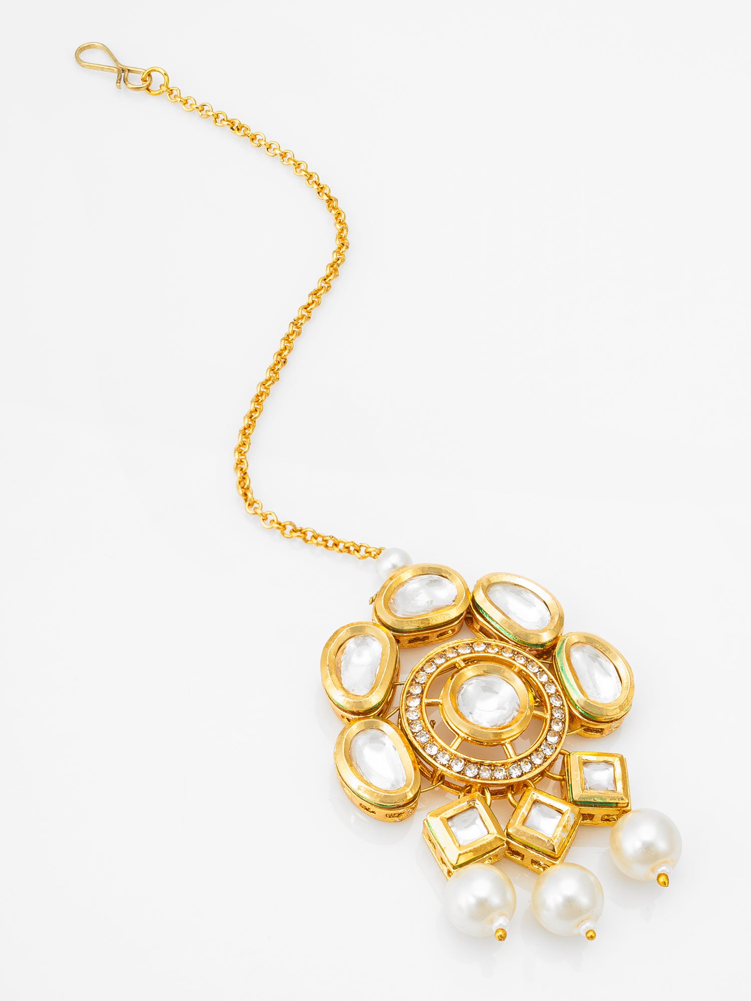 Gold-Plated Kundan Maang Tikka with Pearl Drops | Aadita Jewelry