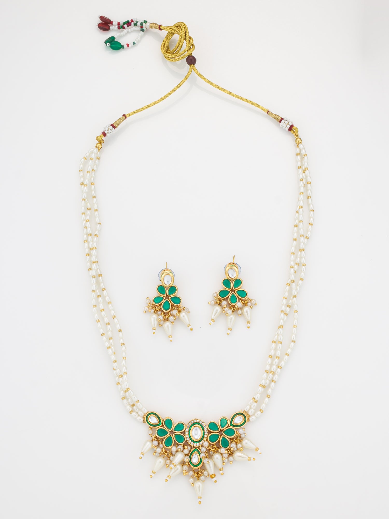 Gold Plated White & Green Kundan Pearl Traditional Necklace Set for Women | Aadita Jewelry