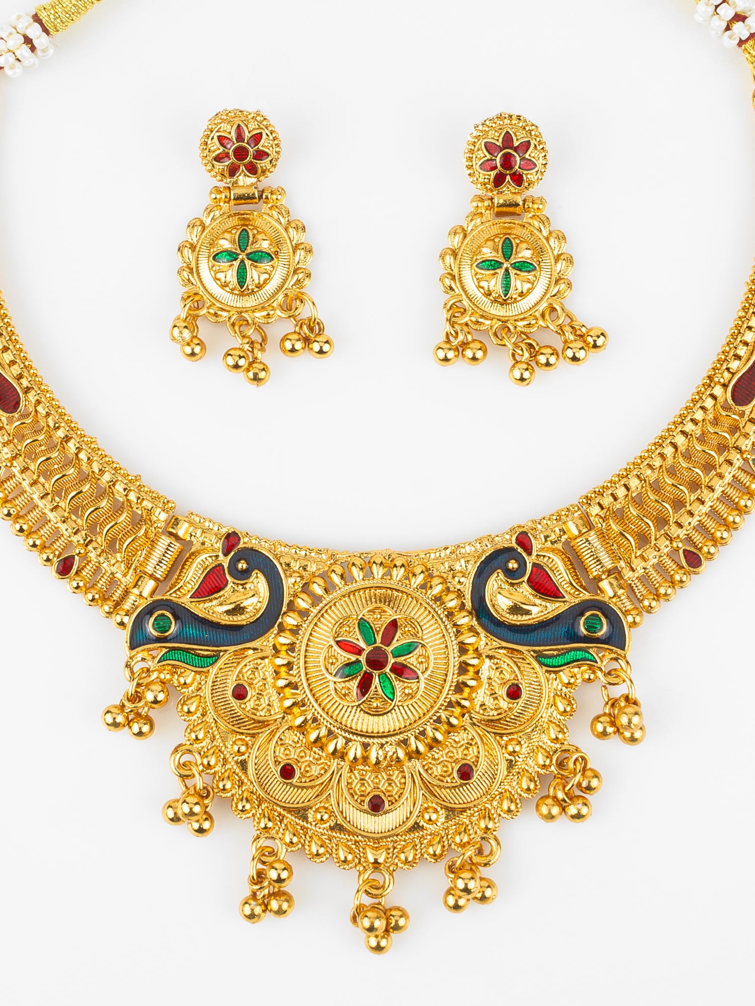 Gold-Plated Temple Peacock Necklace Set for Women | Traditional Bridal Jewellery with Earrings | Antique South Indian Design – View 4 | Aadita Jewelry