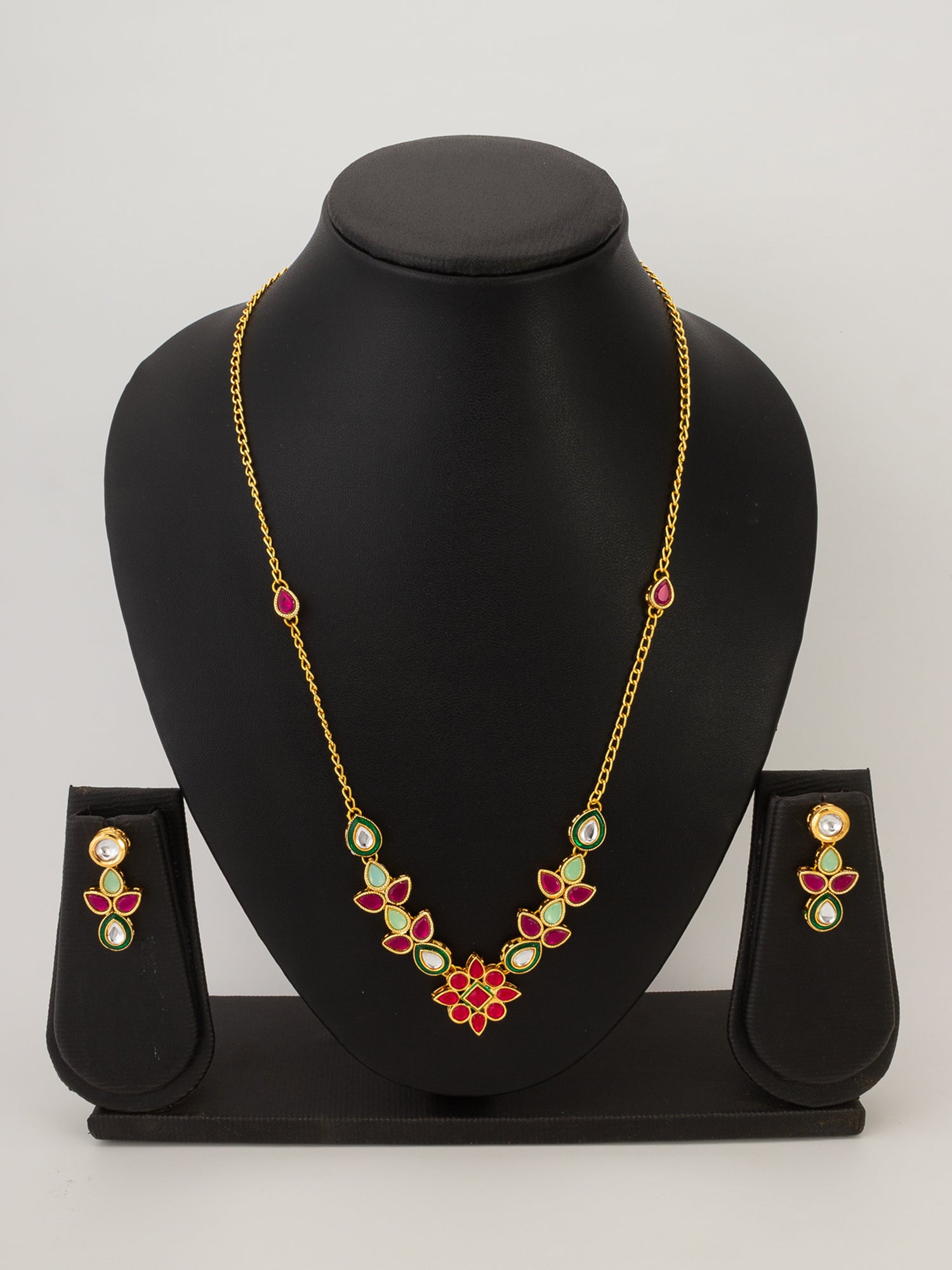 Gold Plated Teardrop Kundan Necklace with Red and Green Stones – View 4 | Aadita Jewelry