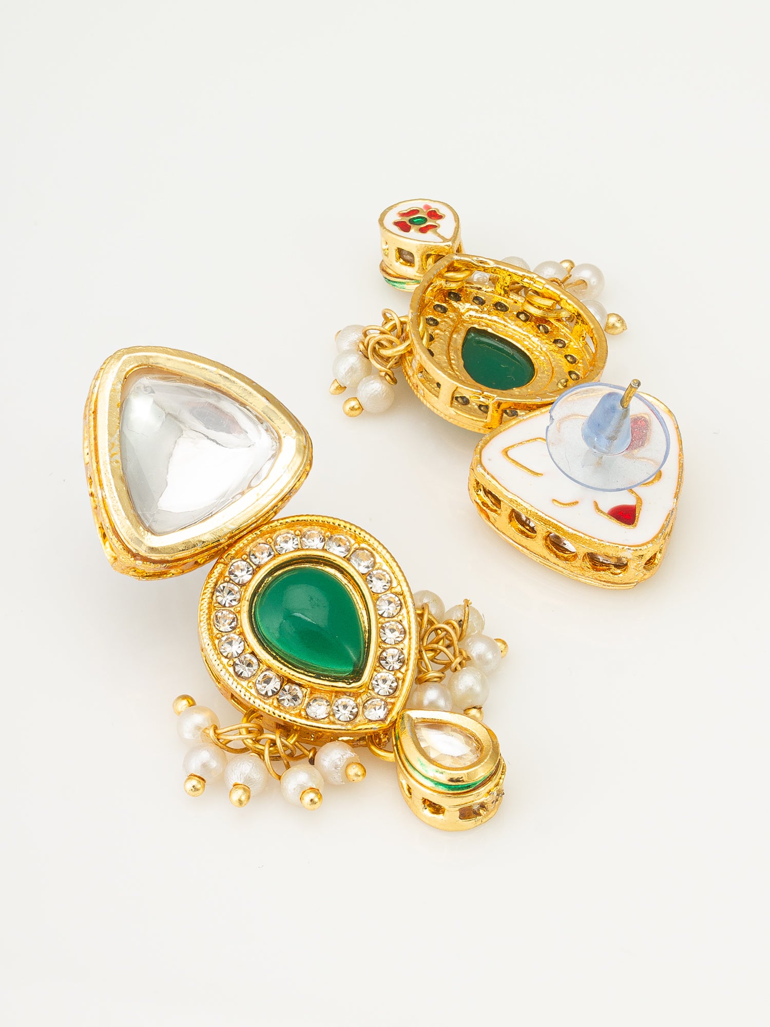 Gold-Plated Kundan and Green Stone Earrings with Pearl and Kundan Drops – View 2 | Aadita Jewelry