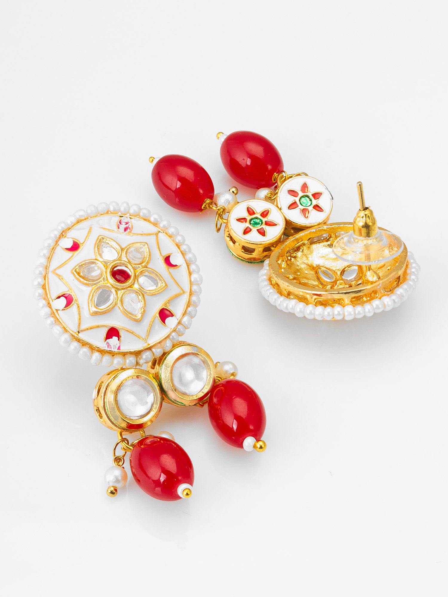White Meenakari Kundan Pendant Necklace Set with Seed Beads and Red Stone Earrings – View 3 | Aadita Jewelry