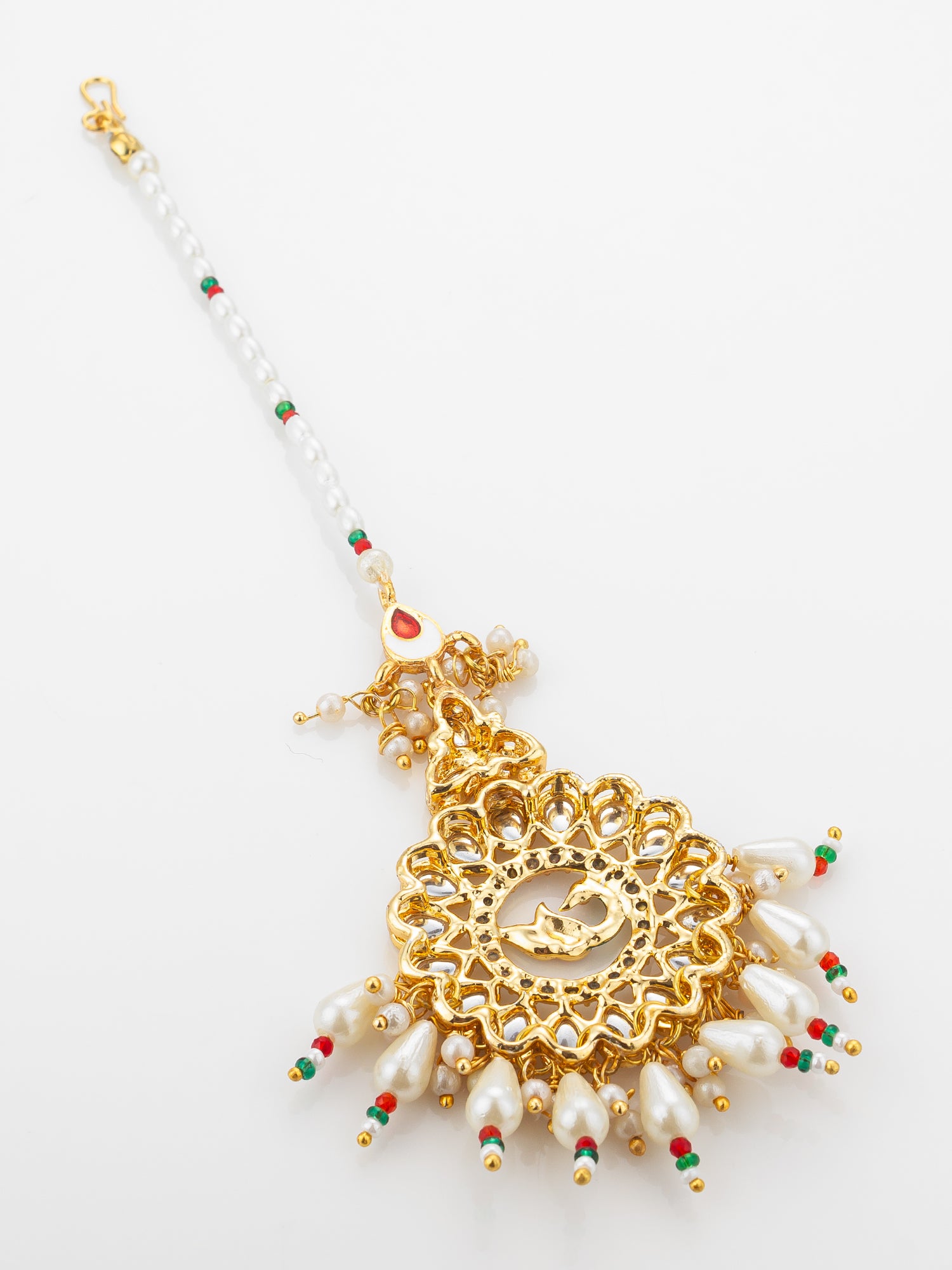 Aadita Gold Plated Kundan Peacock Maang Tikka with Pearl and Red-Green Bead Chain – View 4 | Aadita Jewelry