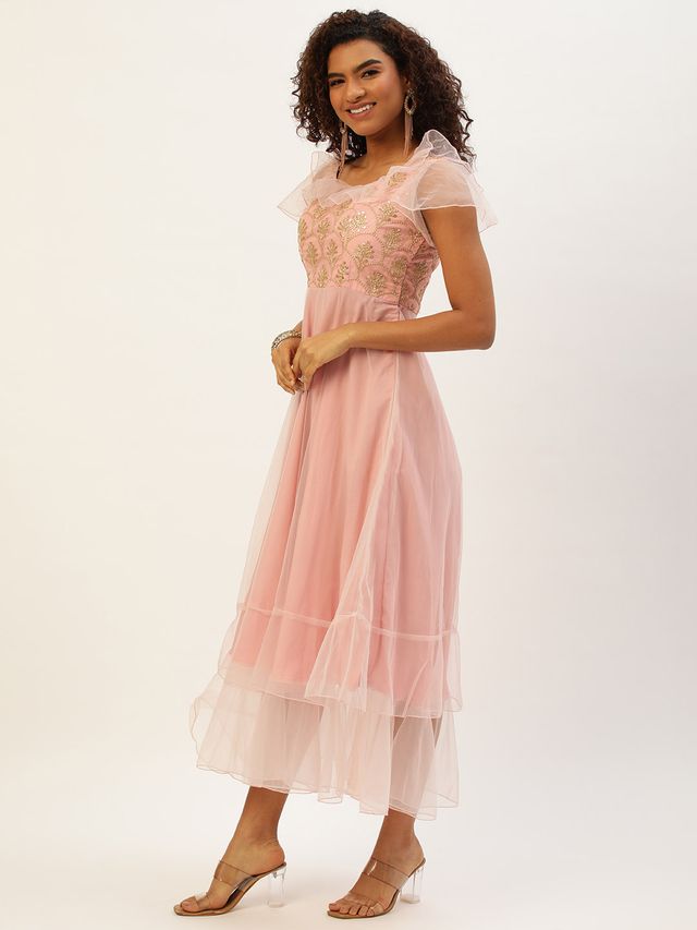 Bollywood Vogue Ready To Wear Pink Organza Embroidered Gown
