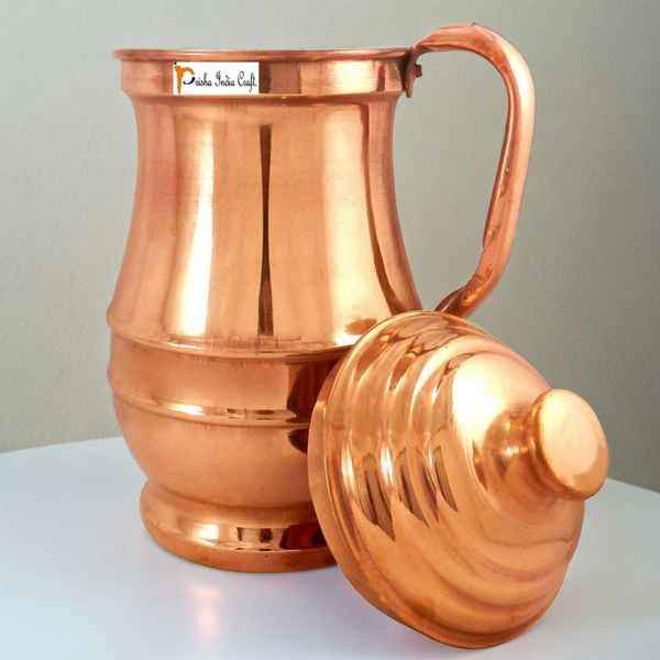 Prisha India Craft Handmade Copper Jug Pitcher, Serveware & Tableware, Good Health Benefits, Maharaja Jug with Lid,1300 ML