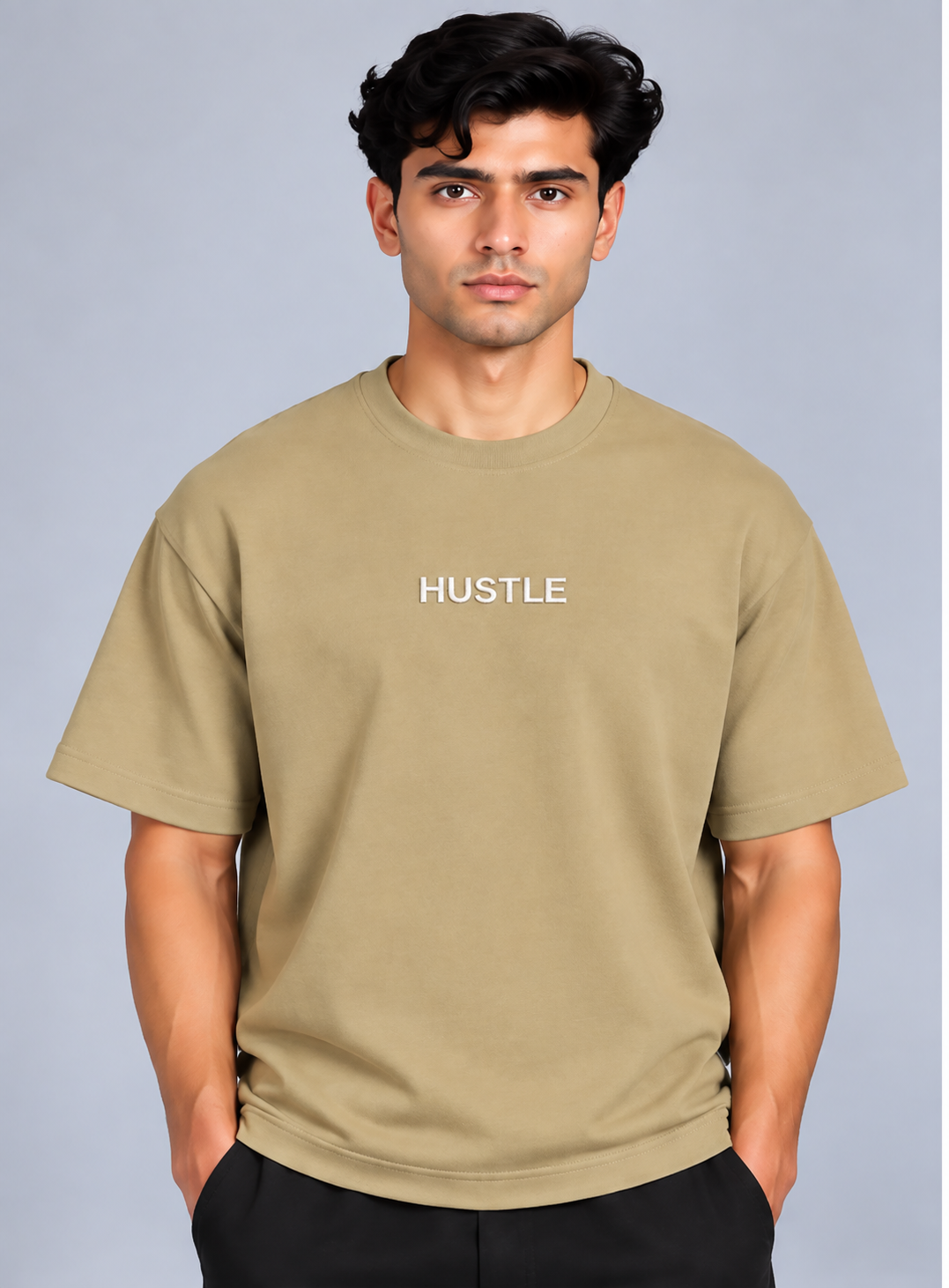 HUSTLE Men's Crew Neck Oversized T-Shirt – Mushroom Beige
