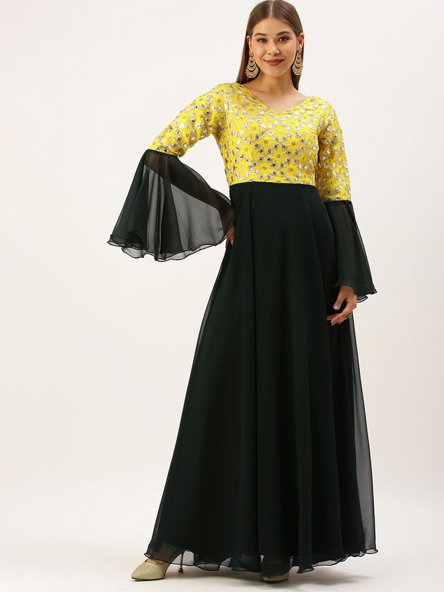 Bollywood Vogue Ready To Wear Yellow N Green Bell Sleeves Embroidered Gown
