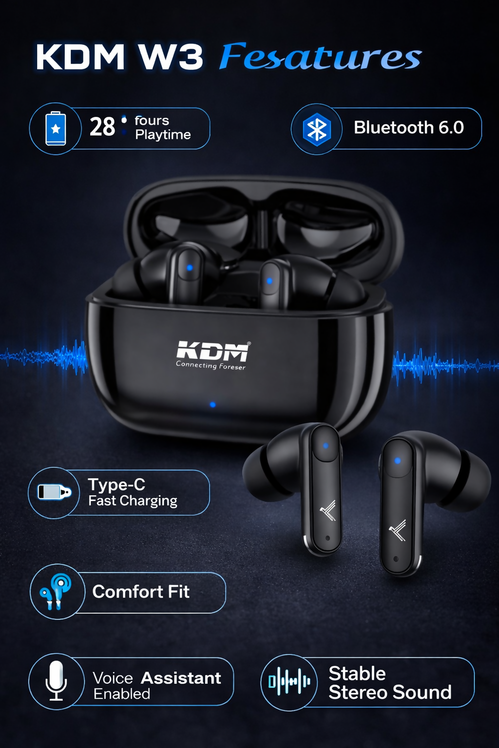 KDM W3 JiyoPods Bluetooth 6.0 Wireless Earbuds with 28H Playtime, Type-C Fast Charging, Voice Assistant & In-Ear Design โ Multicolour Dreams Gadgets