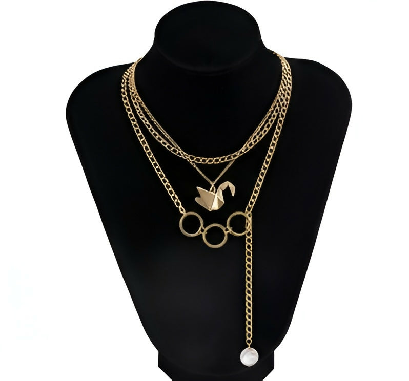Elegant Layered Gold-Tone Necklace Set with Geometric Circles & Origami Swan Pendant (Set of 2) pinapes