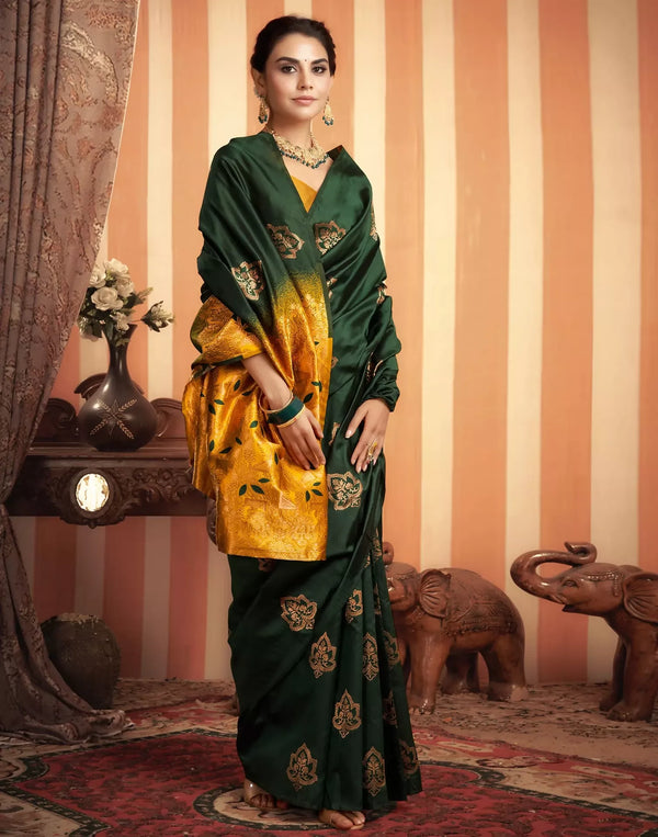 AXONIT Royal Emerald Premium Soft Silk Saree with Intricate Golden Zari Weaving and Rich Mustard-Gold Pallu