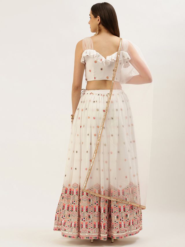 Bollywood Vogue Ready To Wear White Georgette Sequins Embroidered Lehenga