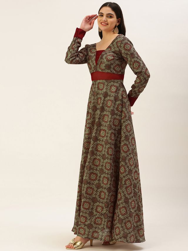 Bollywood Vogue Ready To Wear Grey Digital Print Art Silk Gown