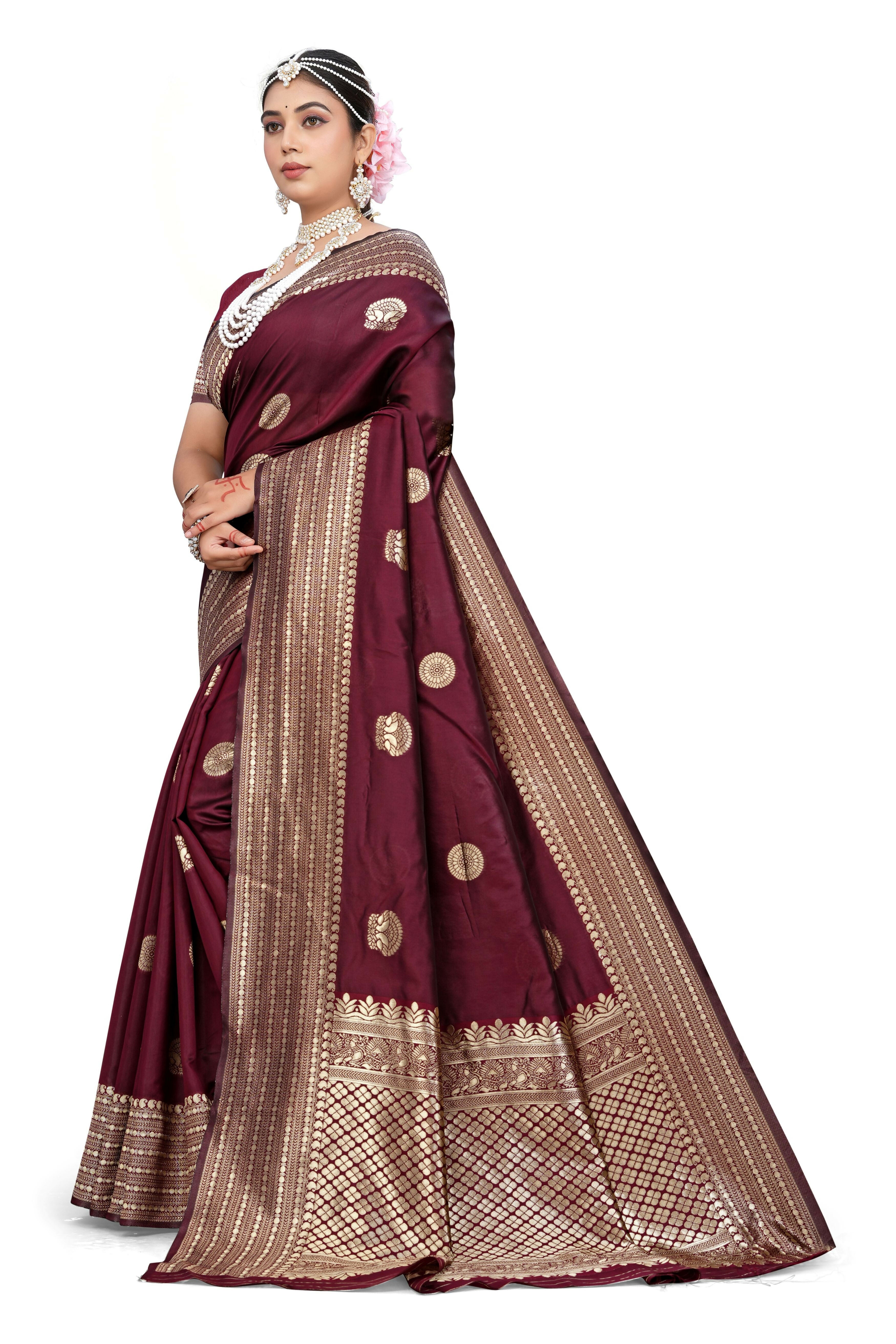 AXONIT Classic Maroon Banarasi Silk Saree with Traditional Zari Motifs