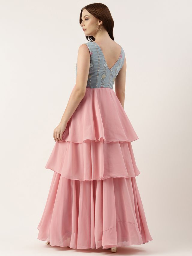 Bollywood Vogue Ready To Wear Blue Georgette Embroidered V Neck Pink Gown