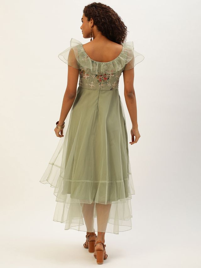 Bollywood Vogue Ready To Wear Green Organza Embroidered Gown