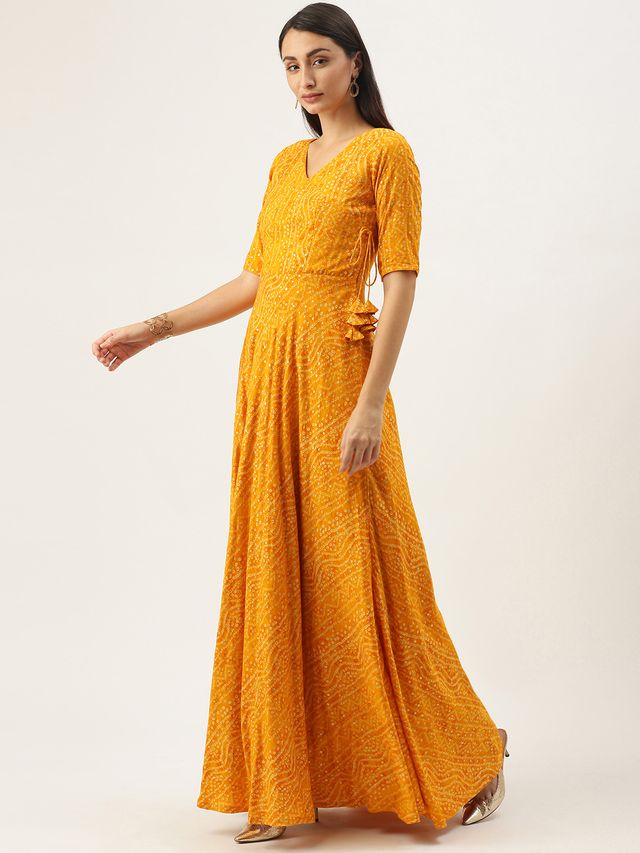 Bollywood Vogue Ready To Wear Yellow Printed Angarkha Gown